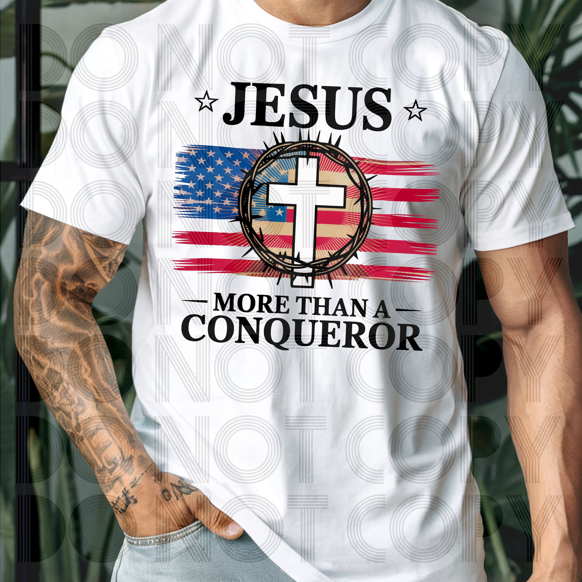 Jesus more than a conqueror patriotic 103791 DTF transfer