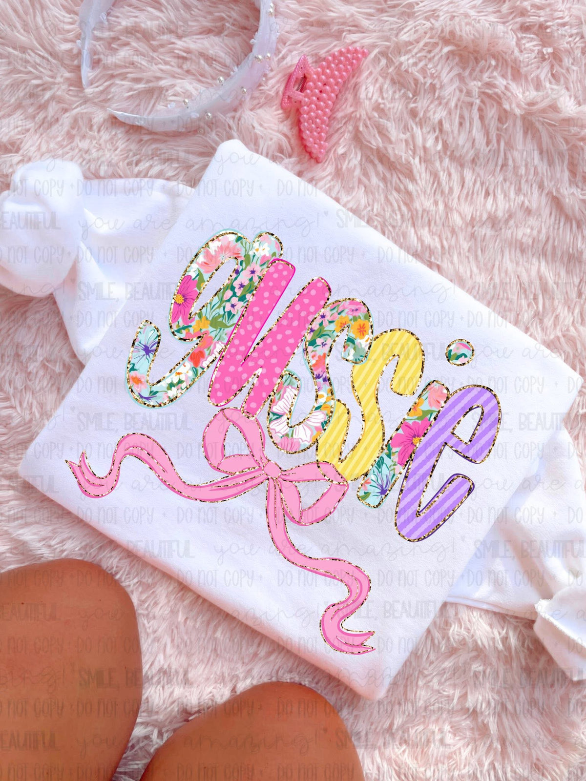 Gussie (Pink bow floral, pink, and yellow letters) (CARTER) DTF Transfer
