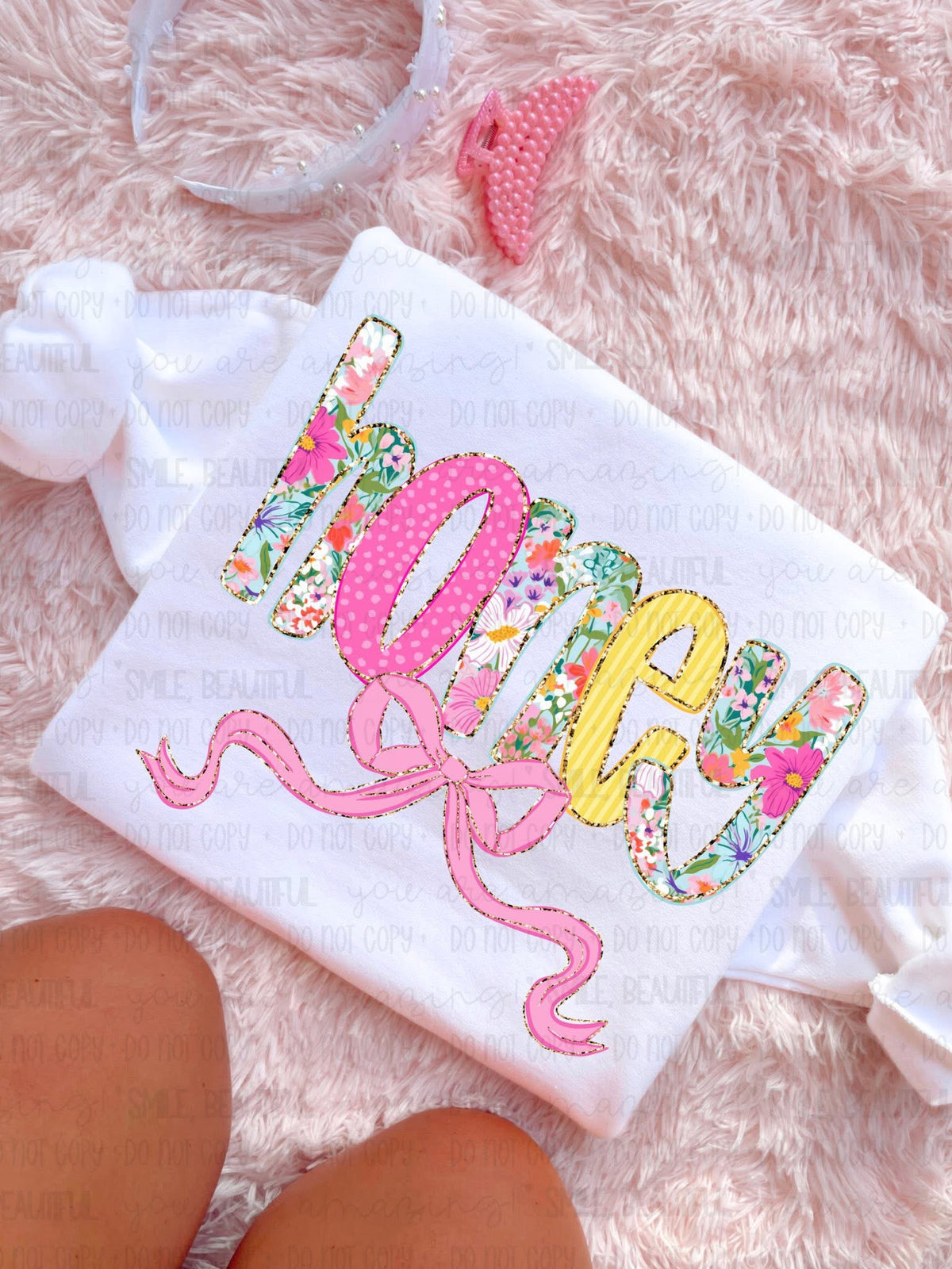 Honey (Pink bow floral, pink, and yellow letters) (Carter) DTF Transfer