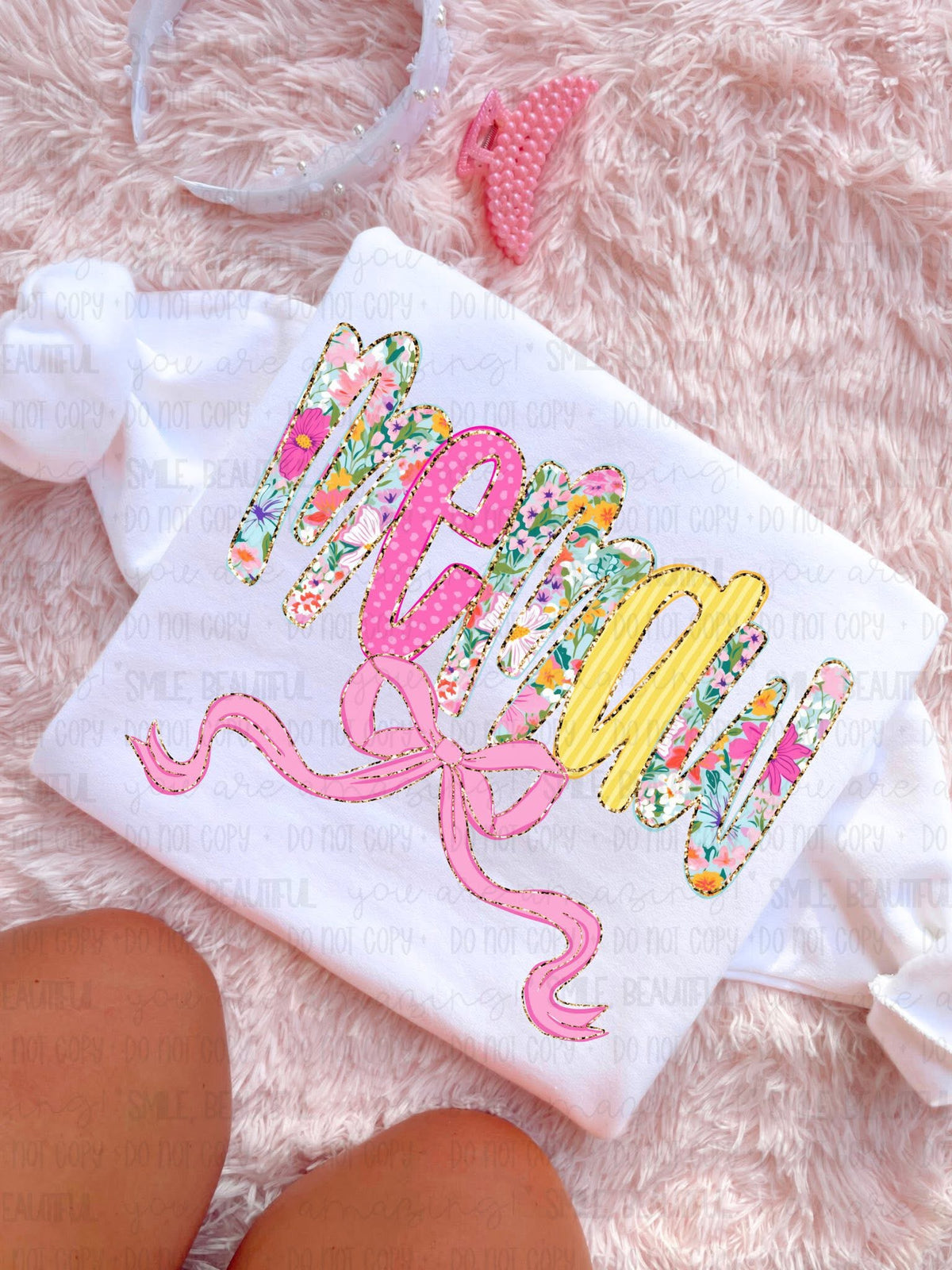 Memaw (Pink bow floral, pink, and yellow letters) (Carter) DTF Transfer