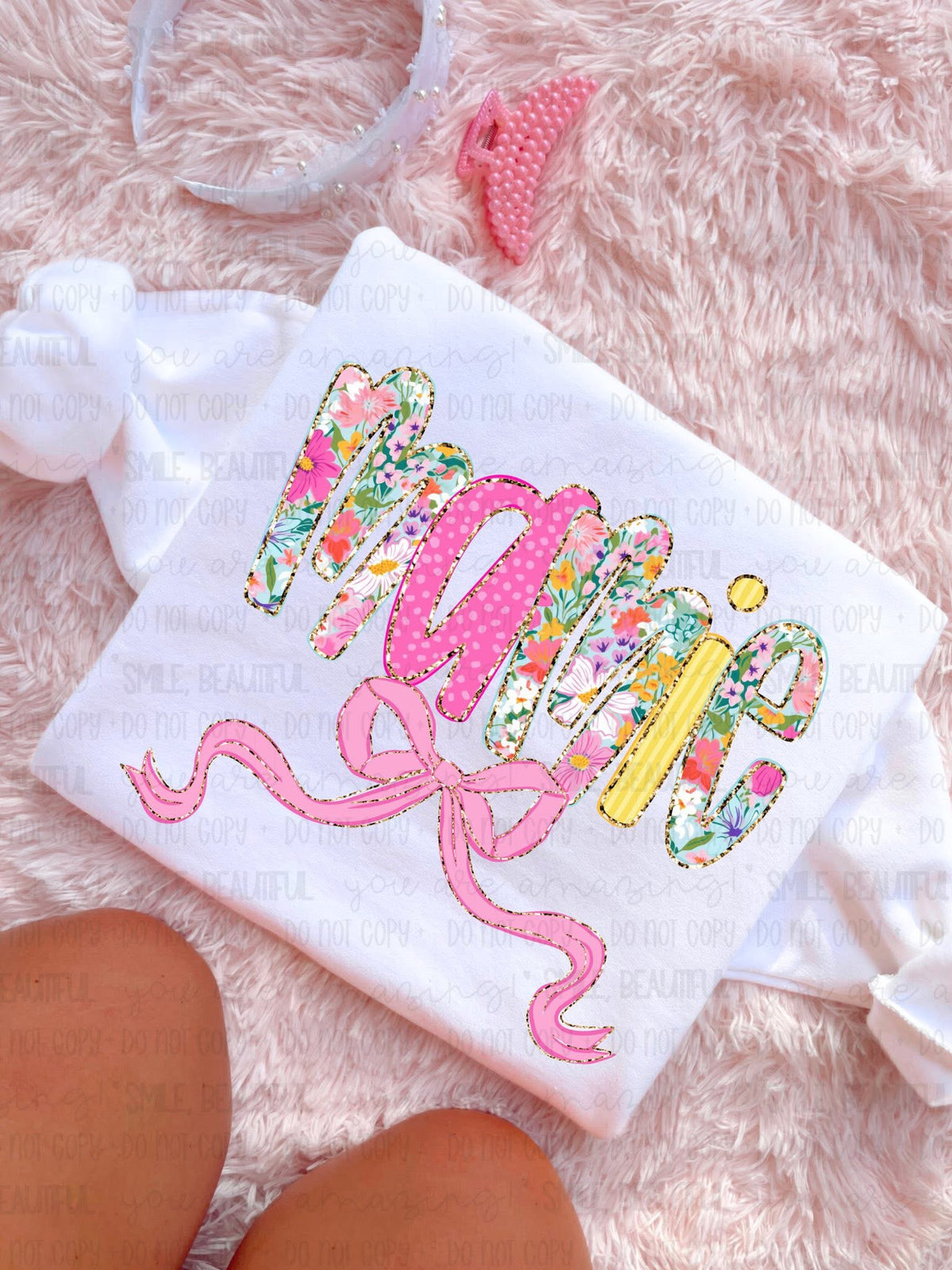 Mamie(Pink bow floral, pink, and yellow letters) (Carter) DTF Transfer