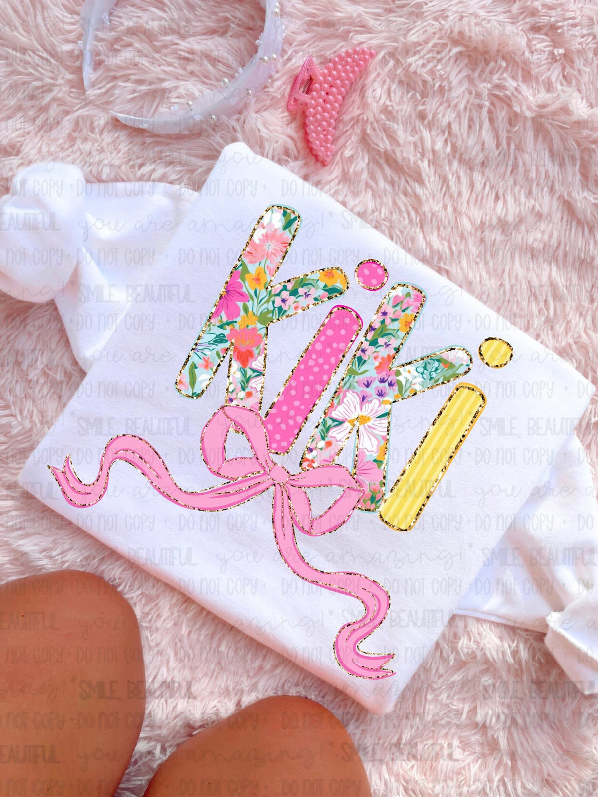 Kiki (Pink bow floral, pink, and yellow letters) (Carter) DTF Transfer