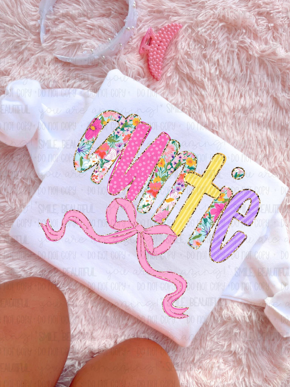 Auntie (Pink bow floral, pink, and yellow letters) (Carter) DTF Transfer
