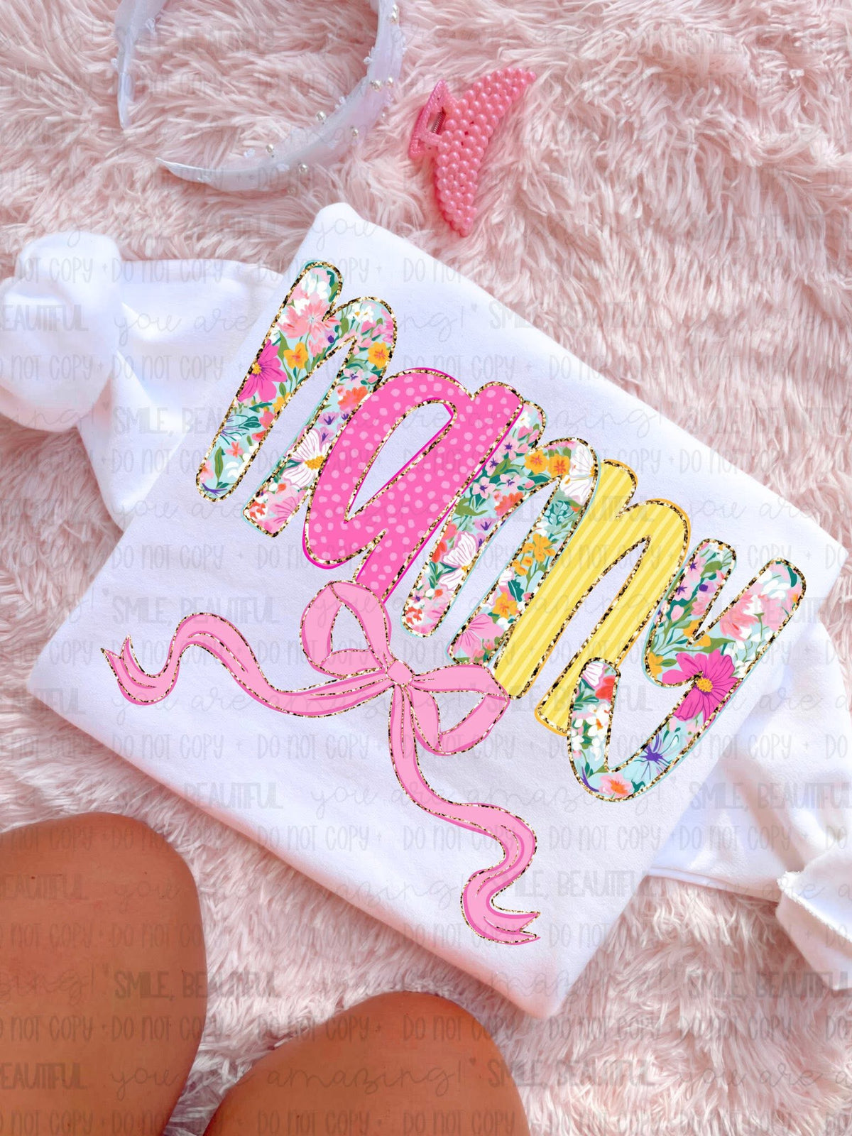 Nanny (Pink bow floral, pink, and yellow letters) (Carter) DTF Transfer