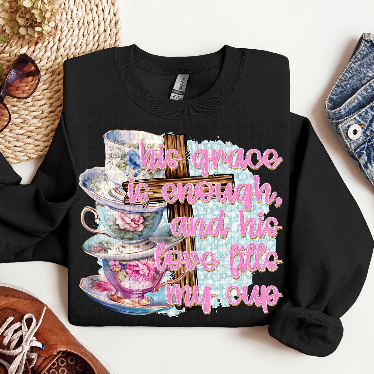 His grace is enough and his love fills my cup teacup stack with faux wooden cross (VP) DTF Transfer