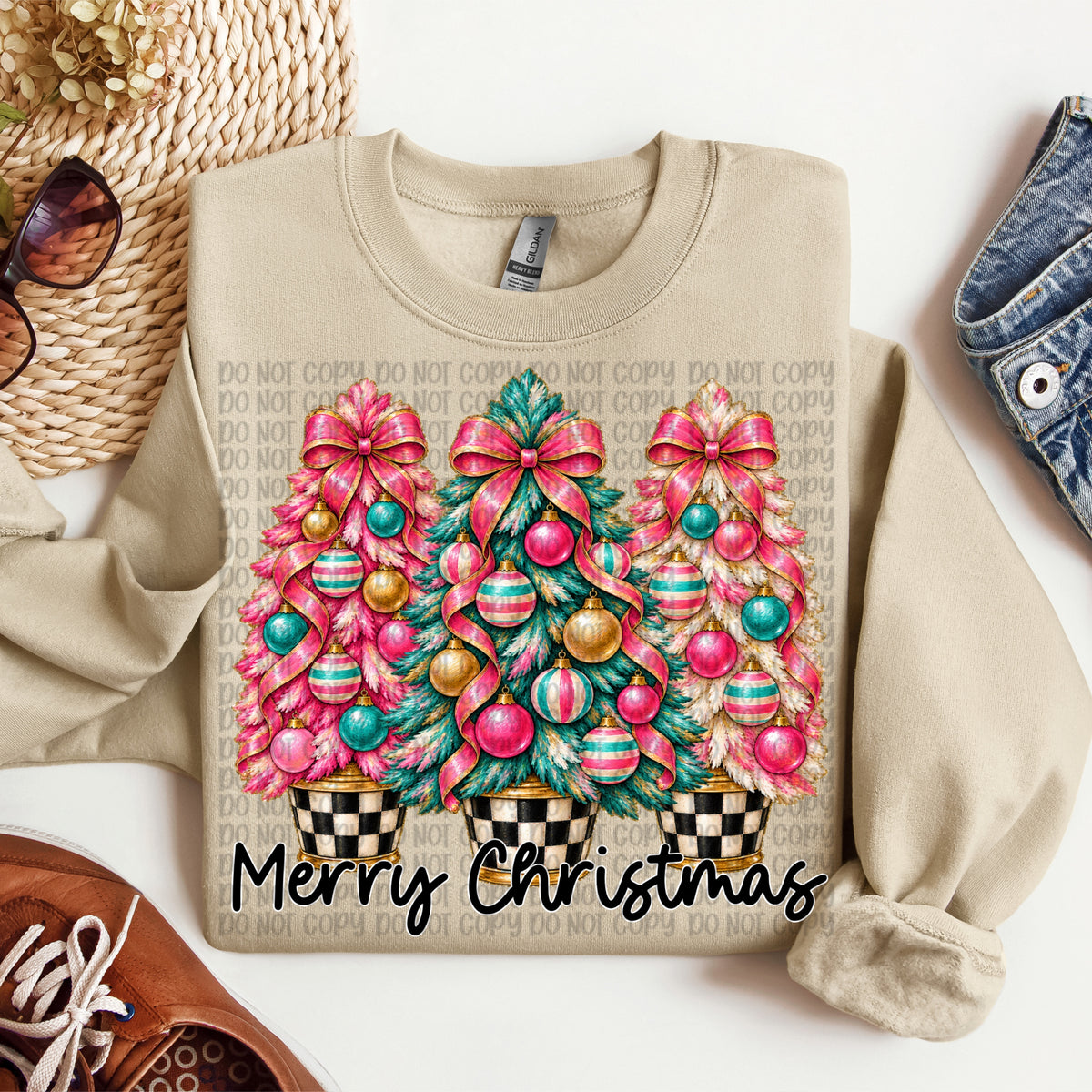 Merry Christmas faux tinsel blue and pink trees with bows (VP) DTF Transfer