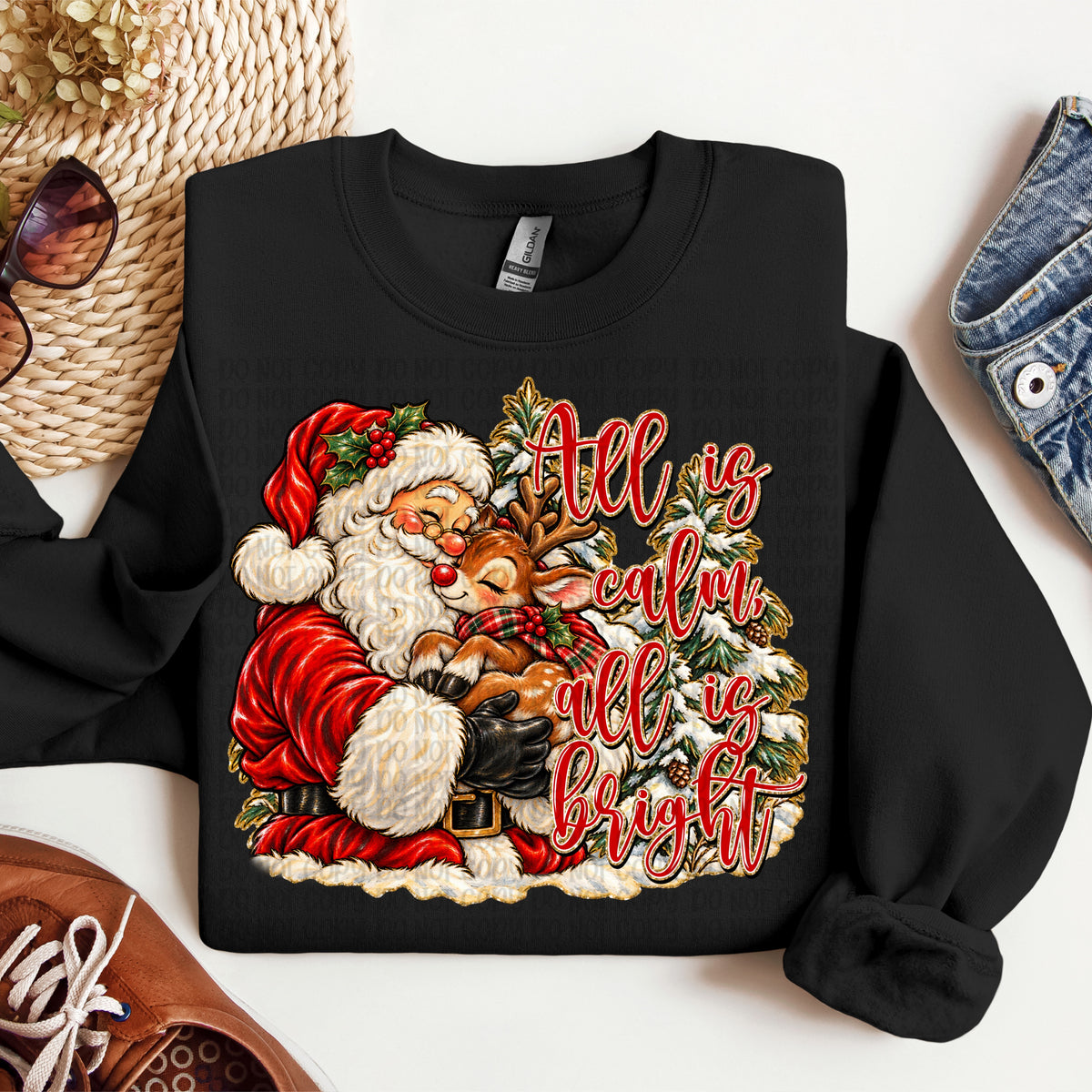 All is calm all is bright Santa hugging reindeer with snowcapped trees (VP) DTF Transfer