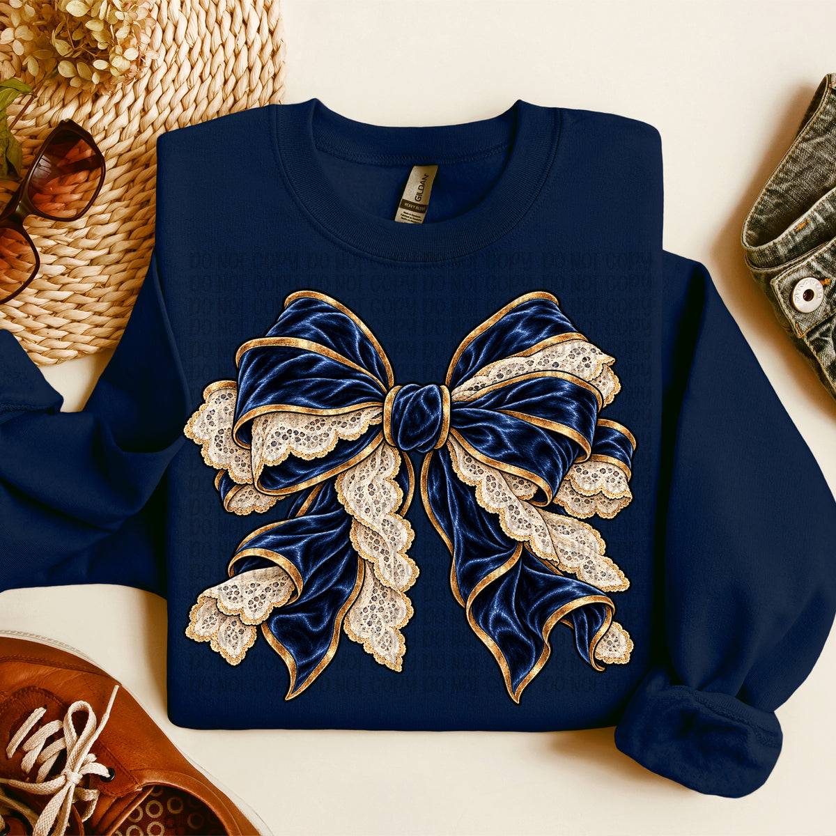 Faux navy velvet and lace bow (VP) DTF Transfer