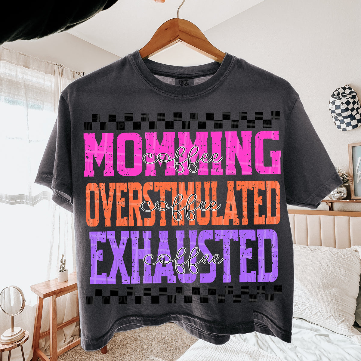 Momming overstimulated exhausted black checkered (Virgo) DTF Transfer