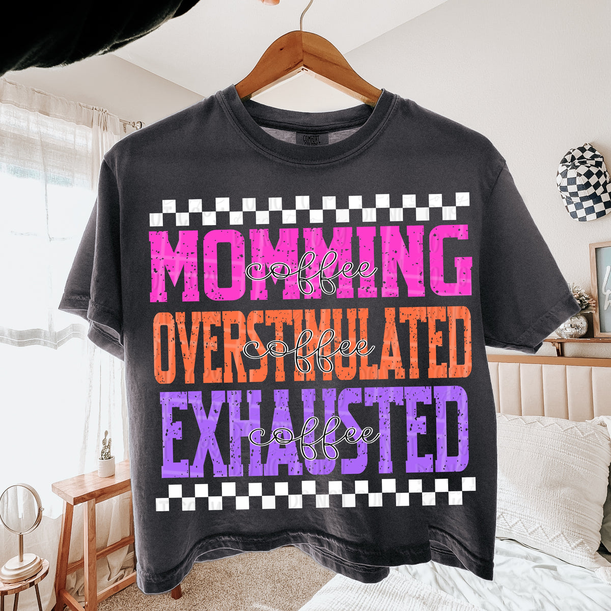 Momming overstimulated exhausted white checkered (Virgo) DTF Transfer