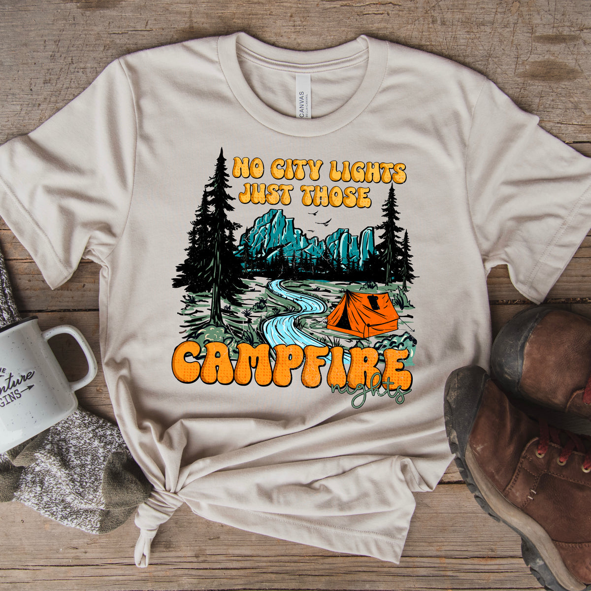 No city lights just campfire nights Camping Mountain Scene (ABD) DTF transfer