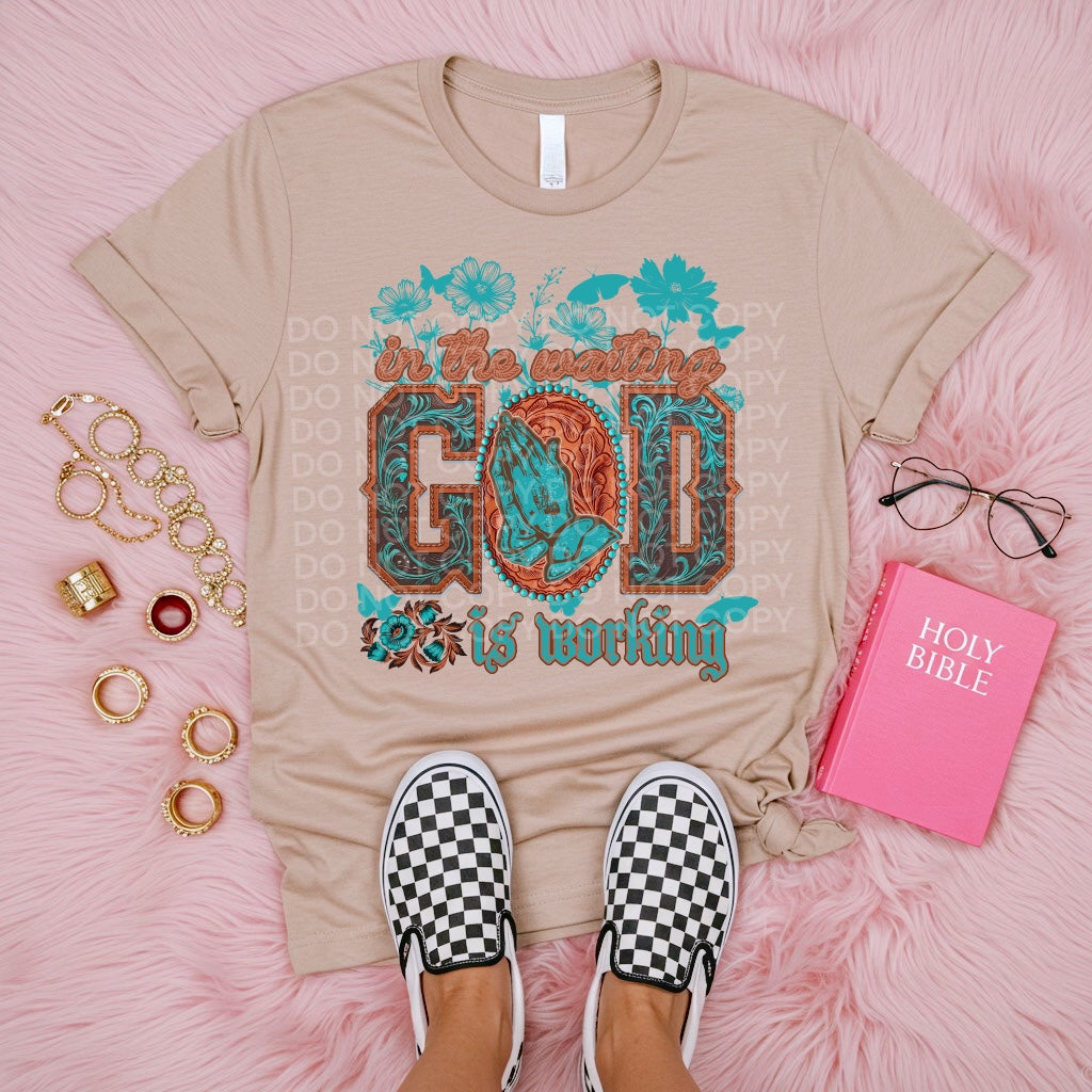 In the waiting God is working tooled leather font (SCG) 102086 DTF transfer