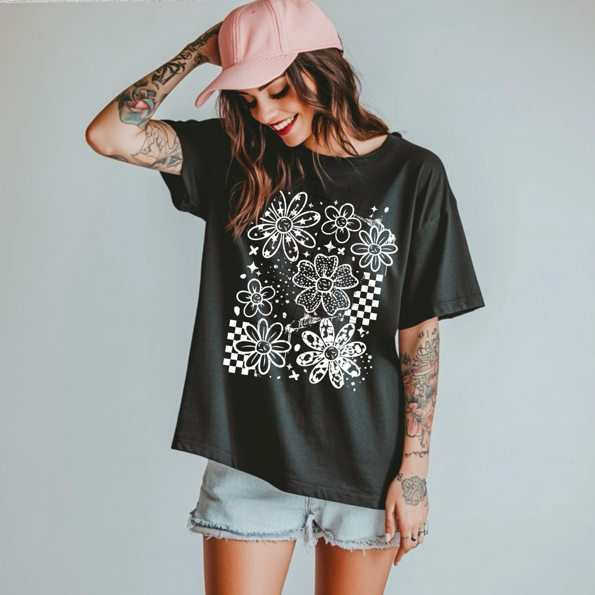 White floral collage checkered (CSC) DTF transfer