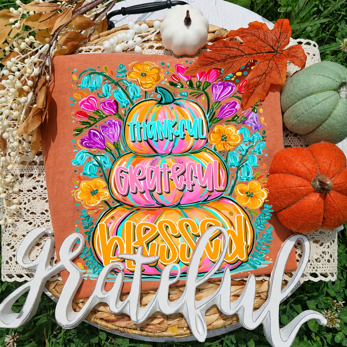 Thankful grateful blessed stacked floral pumpkins (SSD) DTF Transfer