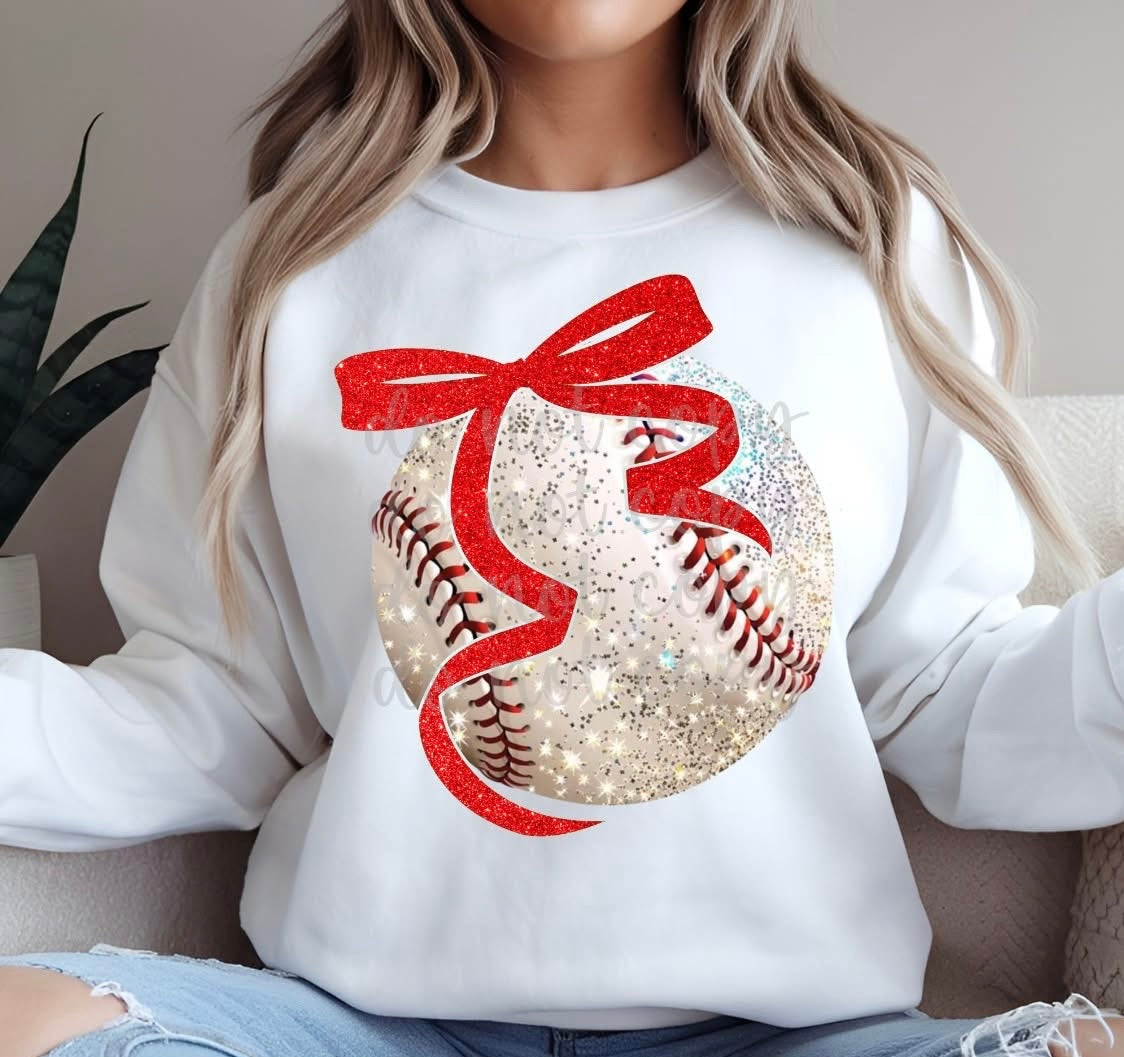 Faux Glitter Baseball Ball With Red Bow (Parkers) 78563 DTF Transfer