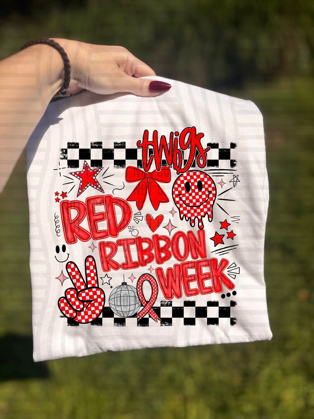 Twigs Checker Red Ribbon Week (Caplinger) DTF Transfers