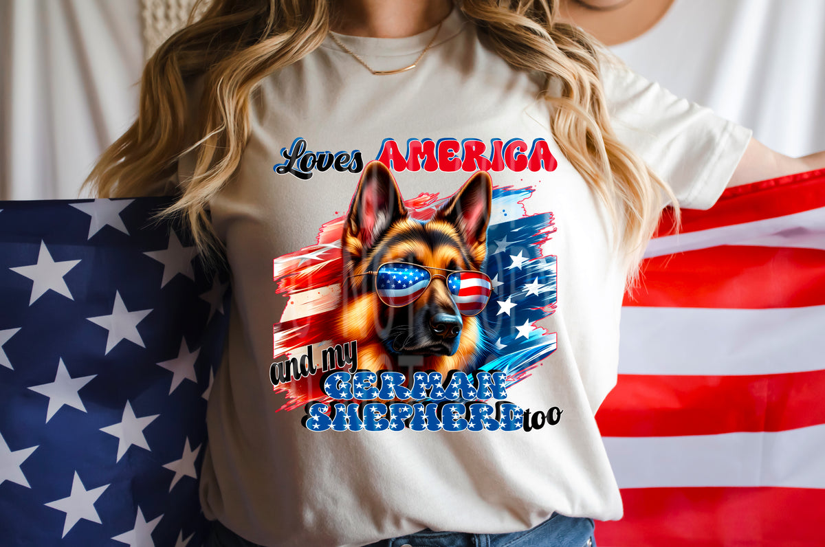 Loves America and my German Shepherd too (DD) 98804 DTF transfer