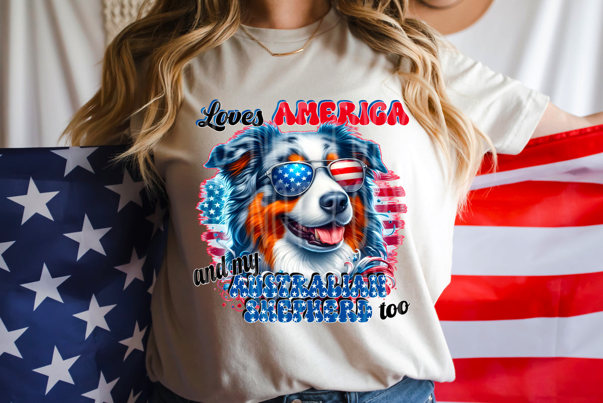 Loves America and my Australian Shepherd too (DD) 98805 DTF transfer