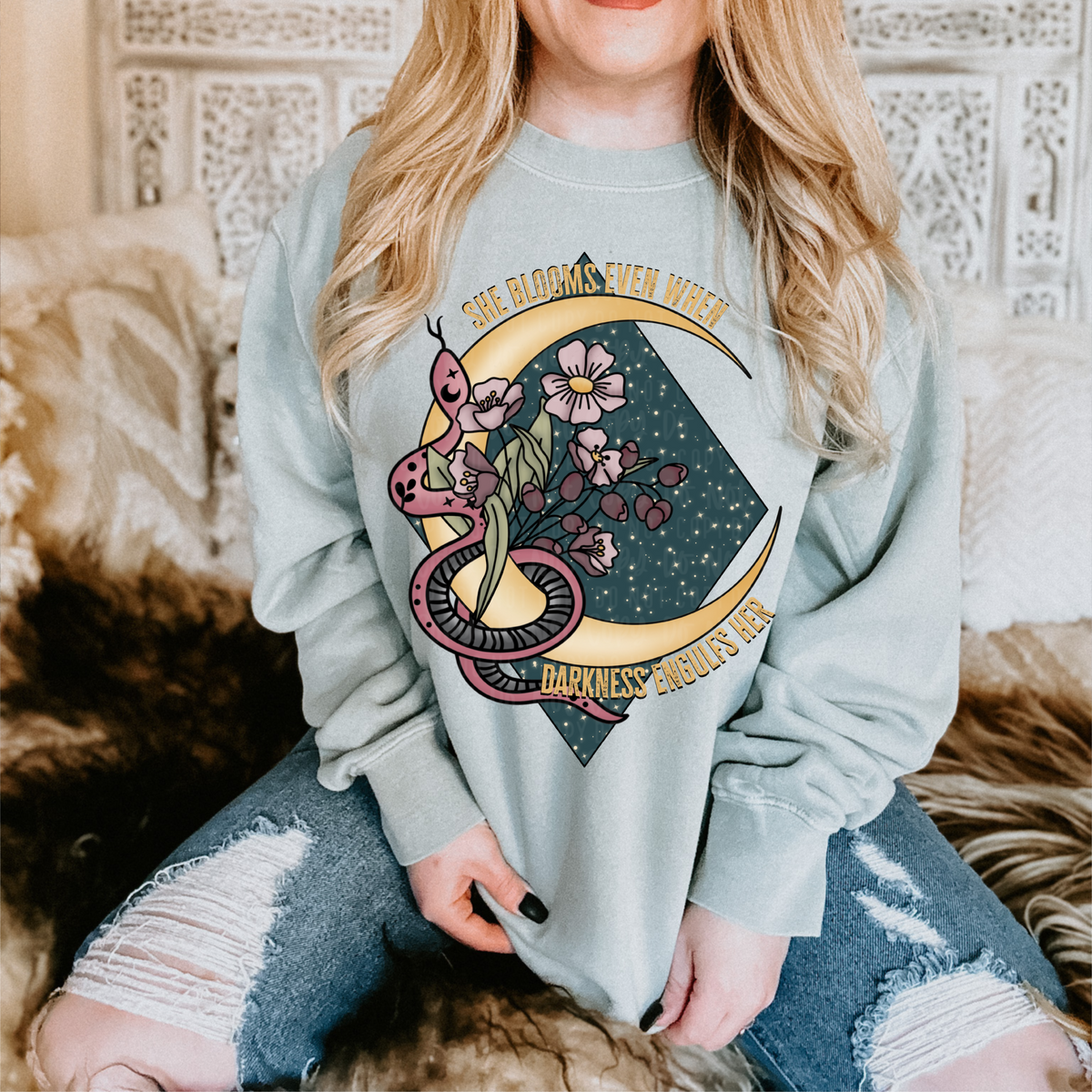 She blooms even when darkness engulfs her (moon with snake and flowers) 11423 DTF TRANSFER