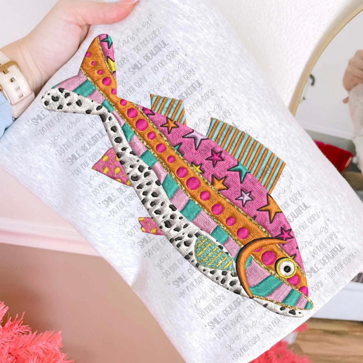 Faux fabric multi patterned fish (Carter) DTF Transfer