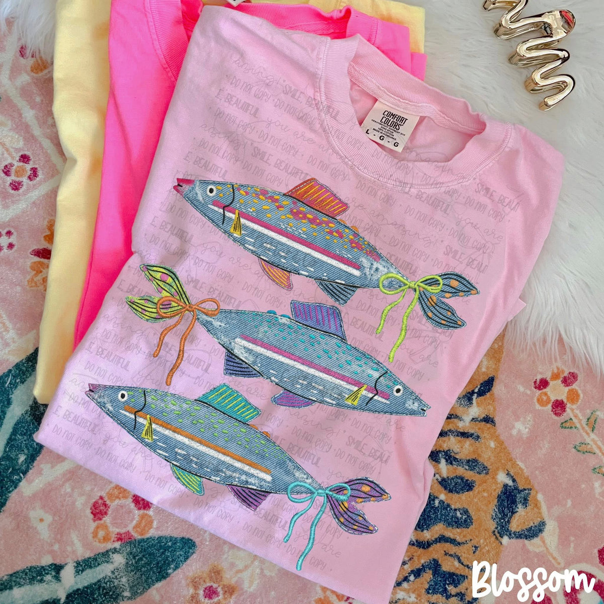 Stacked denim fish with bows (Carter) DTF Transfer