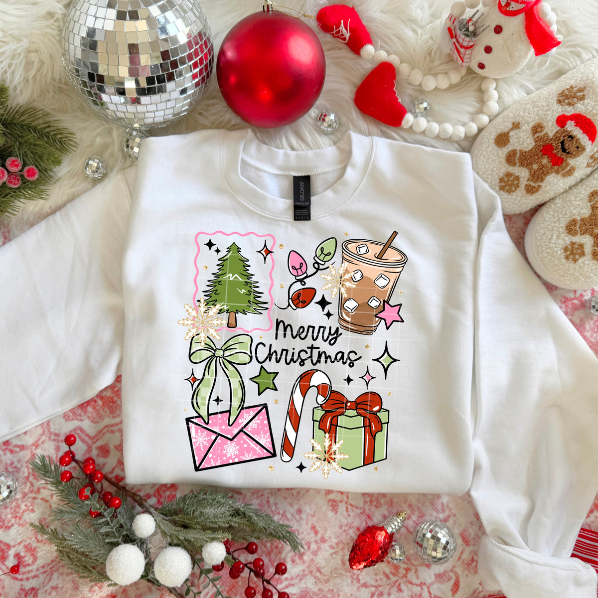 Merry Christmas tree lights iced coffee bow and present (CSC) Tuesday Deal DTF