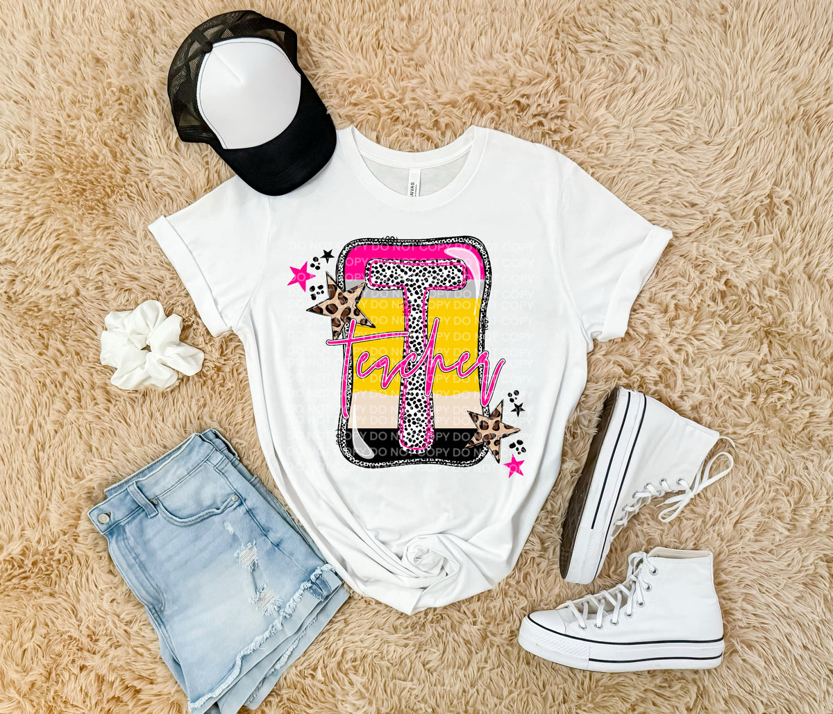 Teacher pencil background dotted leopard star (SCG) DTF transfer