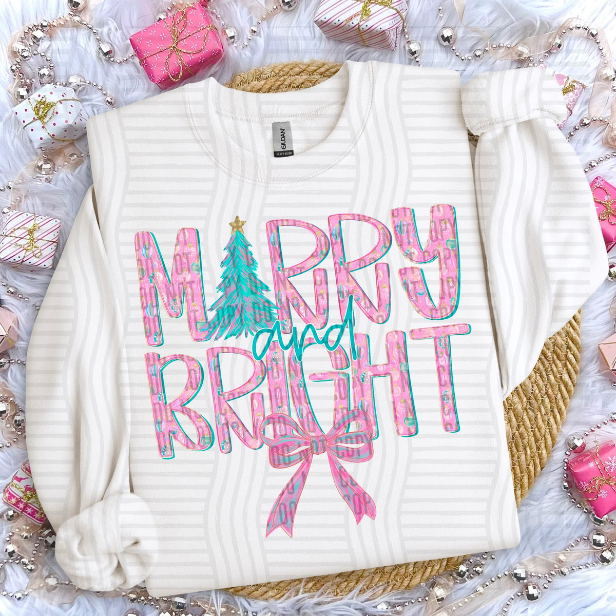 Merry and Bright Pink Ornament Christmas Tree Bow (Caplinger) DTF Transfer