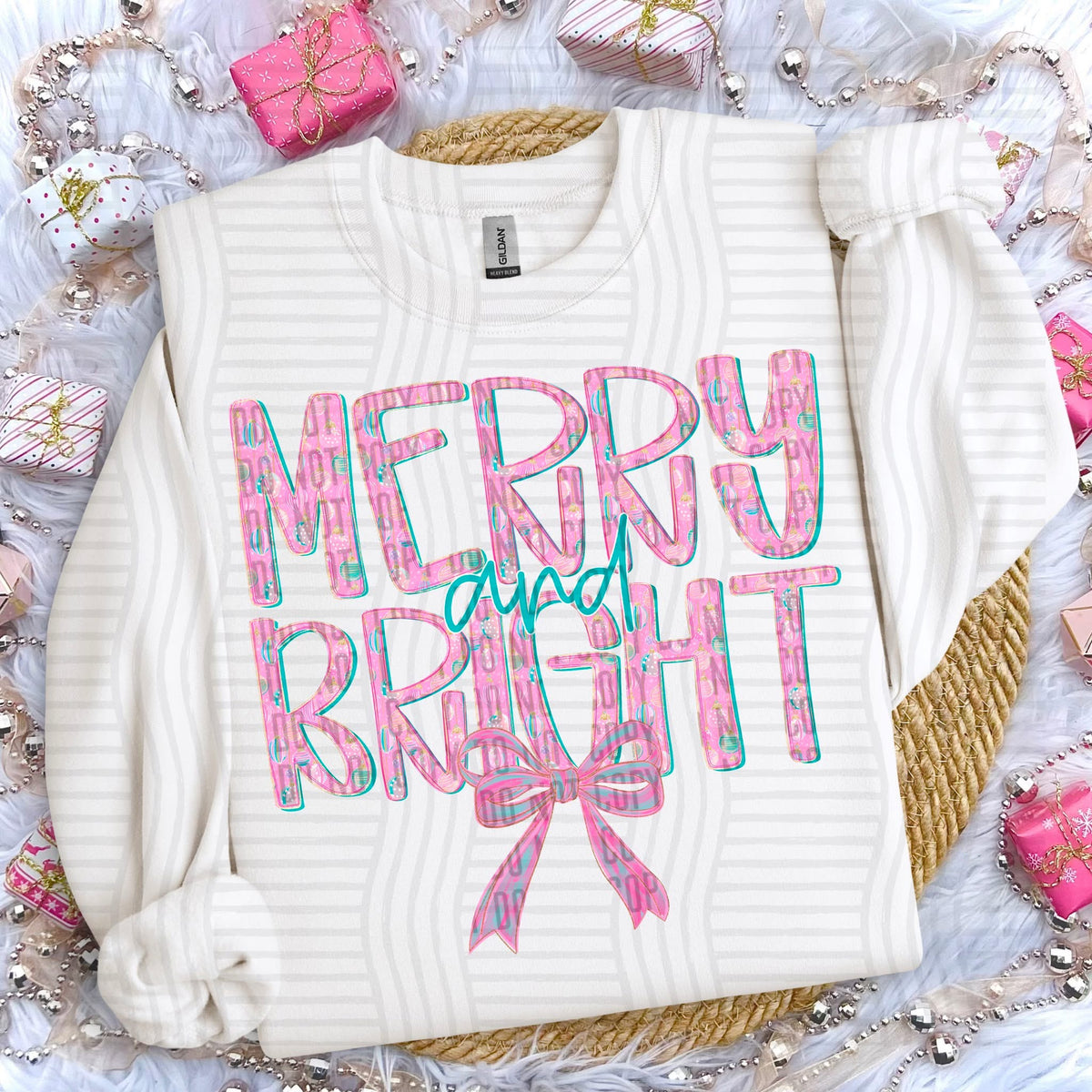 Merry and Bright Pink Ornament Bow (Caplinger) DTF Transfer