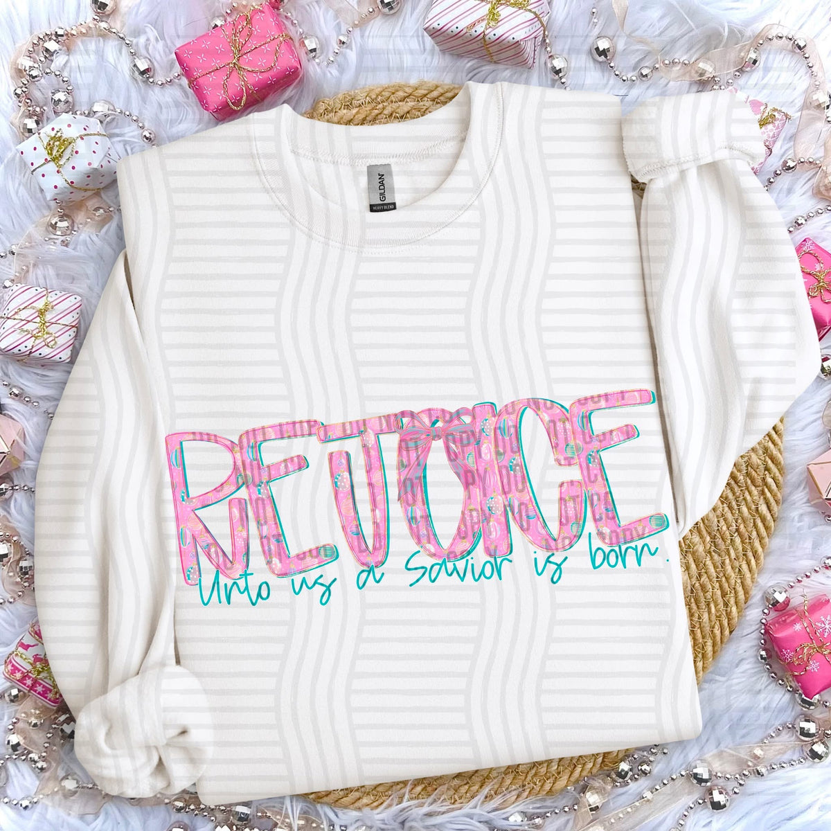 Rejoice Into us a Savior is born pink ornament (Caplinger) DTF Transfer