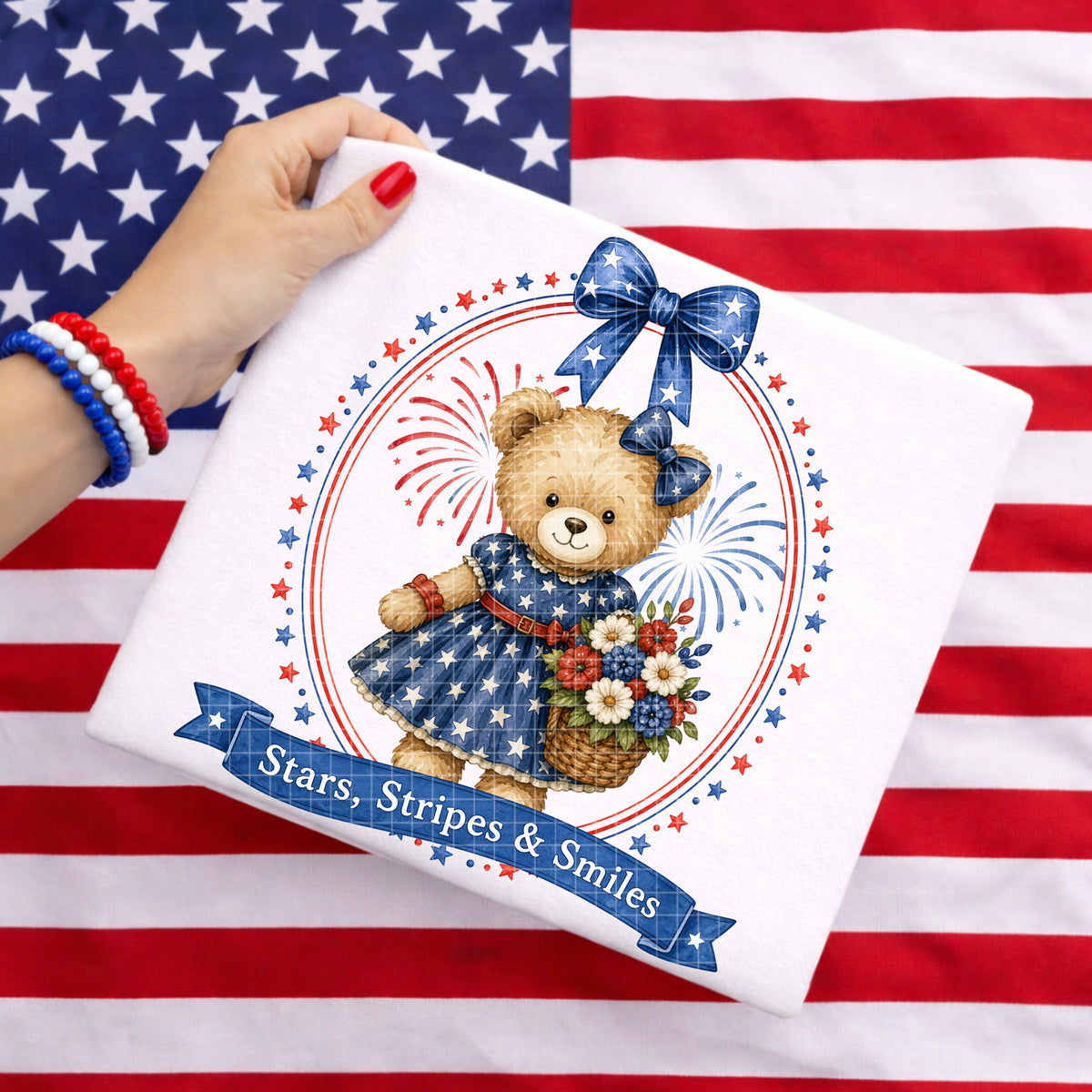 Stars, stripes & smiles girl bear (DD) DTF Transfer