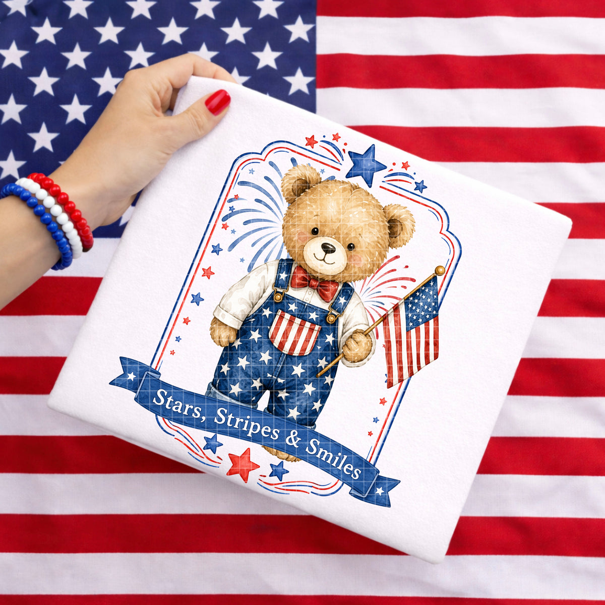 Stars, stripes & smiles boy bear (DD) DTF Transfer
