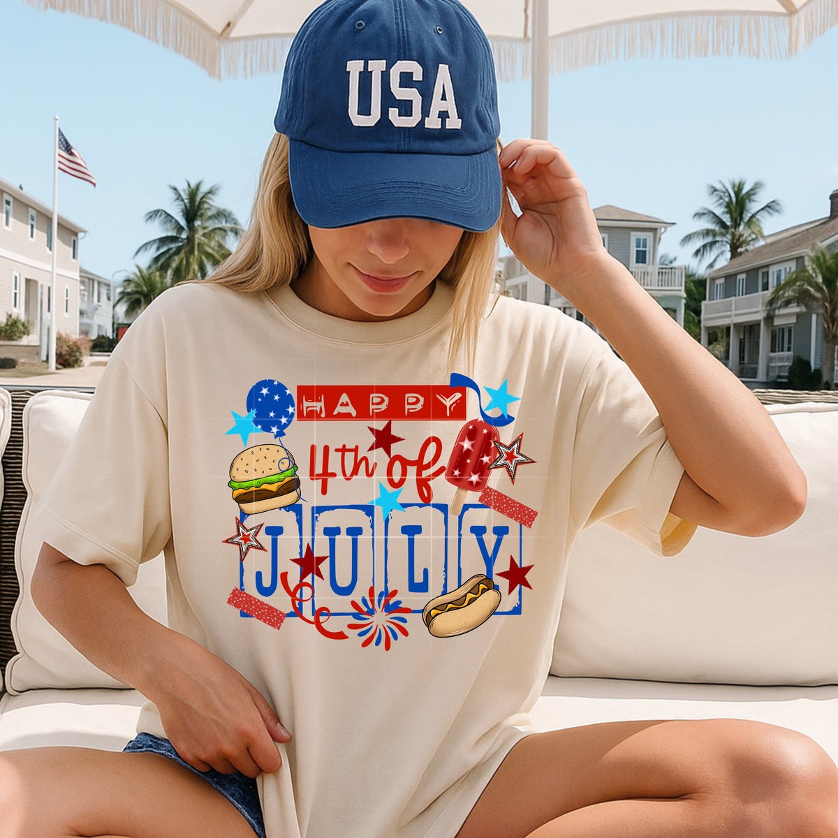 Happy 4th of July (burger, hotdog, stars, balloons) (CSC) DTF Transfer