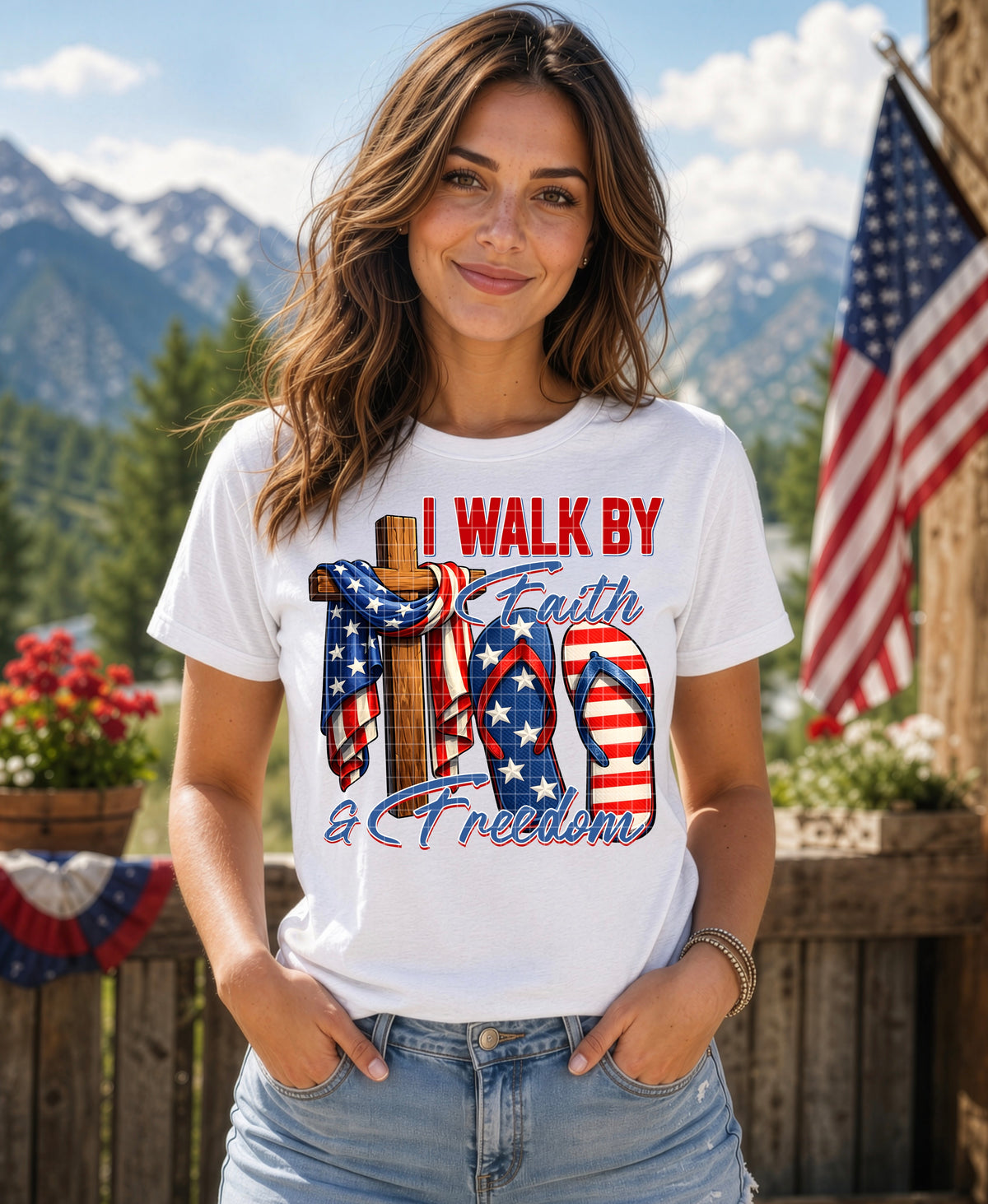 I walk by faith and freedom cross and flipflops (DD) DTF transfer