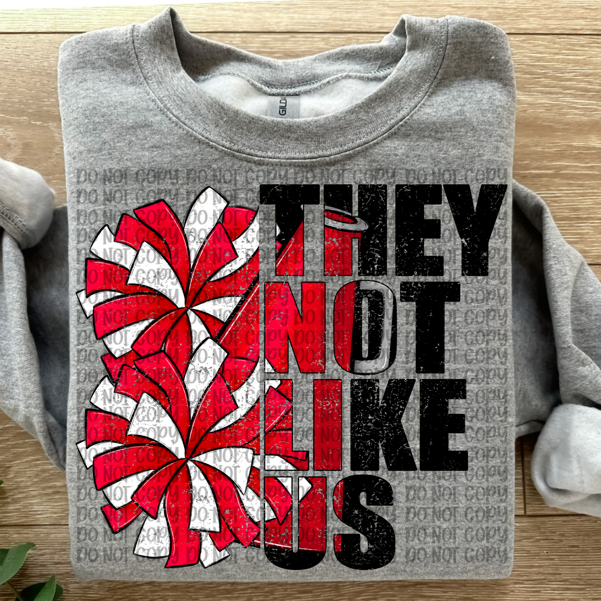 They not like us Cheer RED DISTRESSED (VP) 102833 DTF transfer