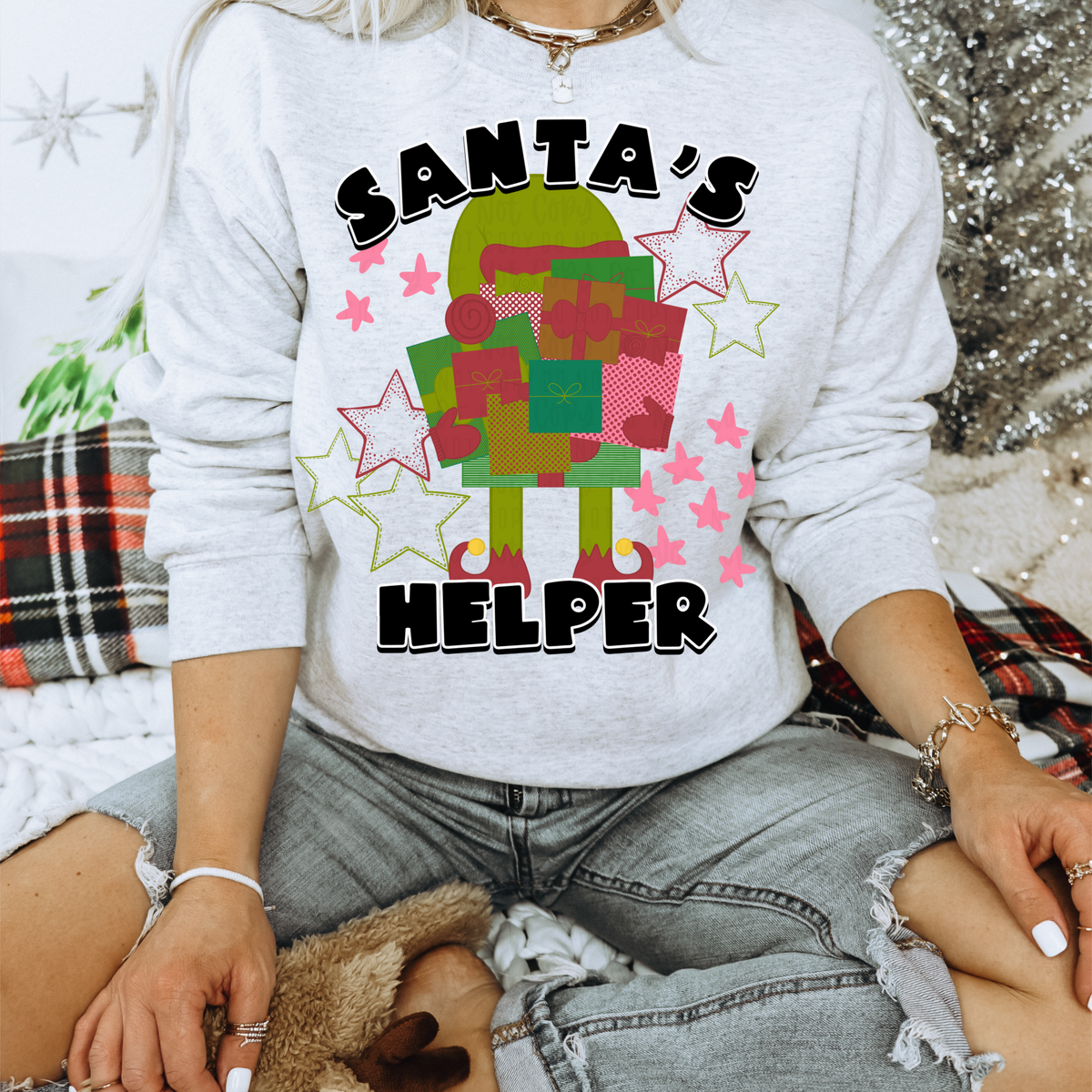 Santa's helper with elf holding presents 1510 DTF TRANSFER