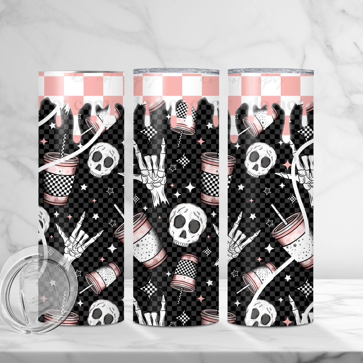 black checkered with skulls and cups (CSC) UV DTF WRAP