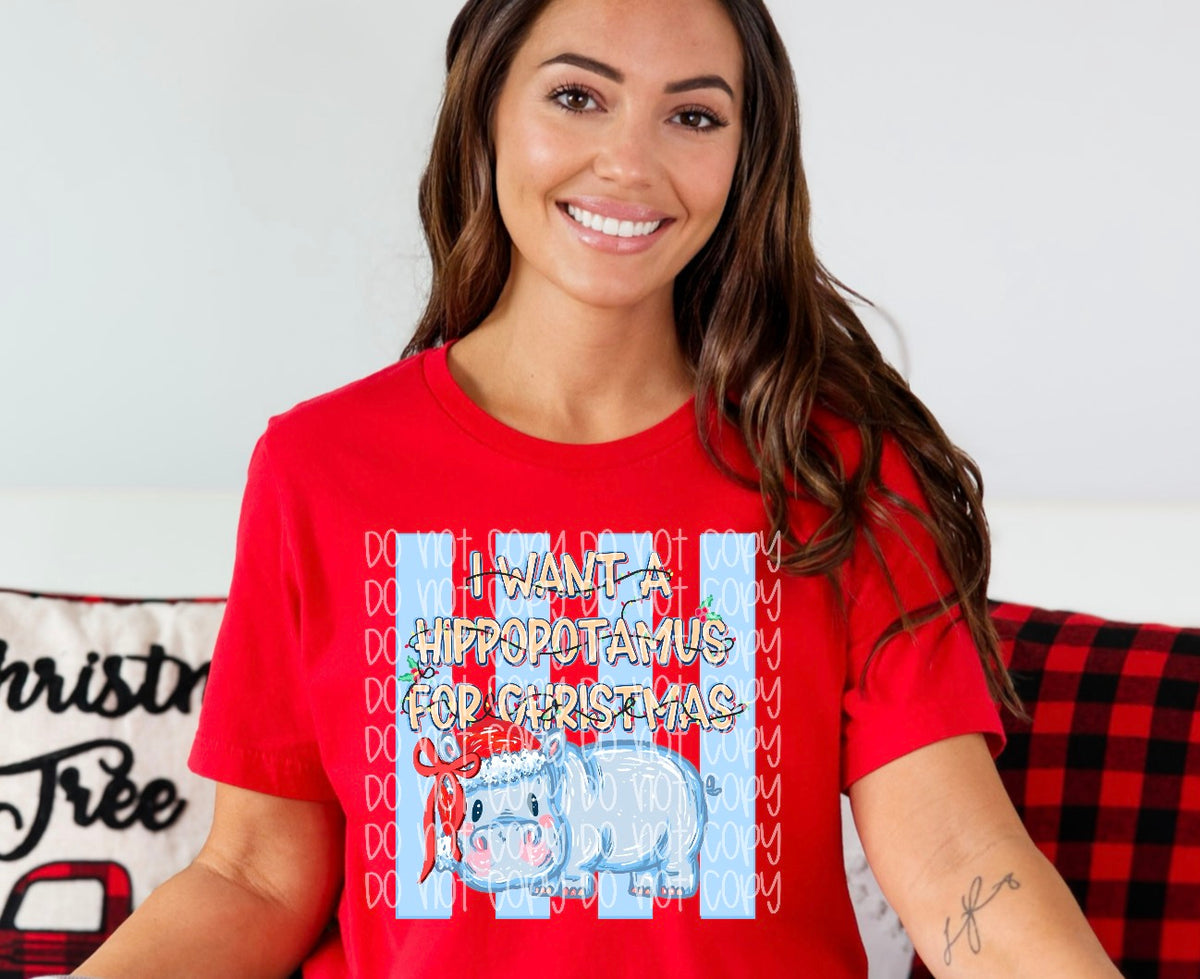 I want a hippopotamus for Christmas blue stripes (SSD) DTF Transfer