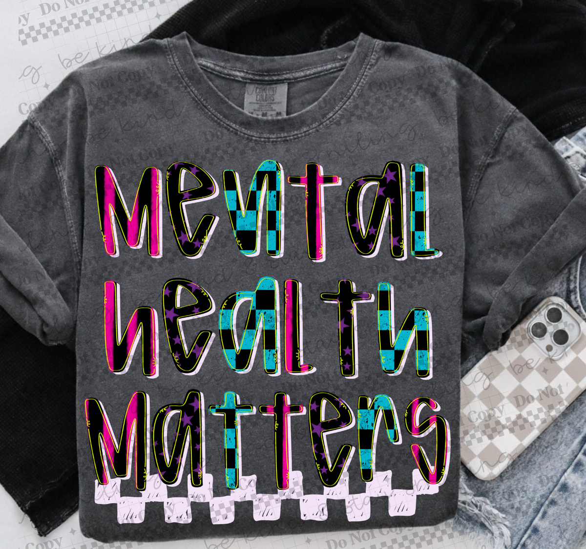 Mental Health Matters (pink teal checker) (Two Peas) DTF Transfer