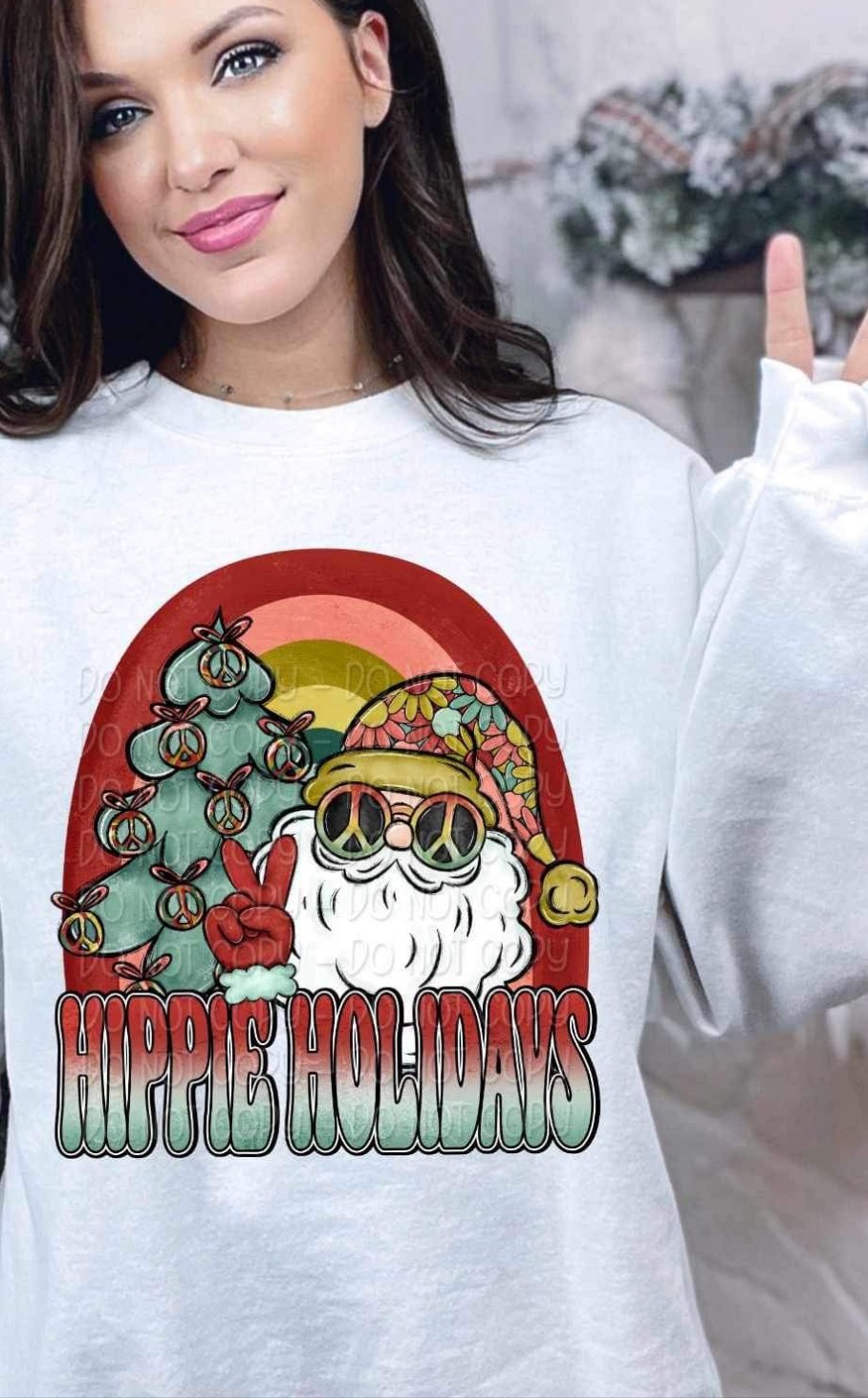 Hippie holidays peace santa FRONT Sleeve not included  10279 DTF TRANSFER