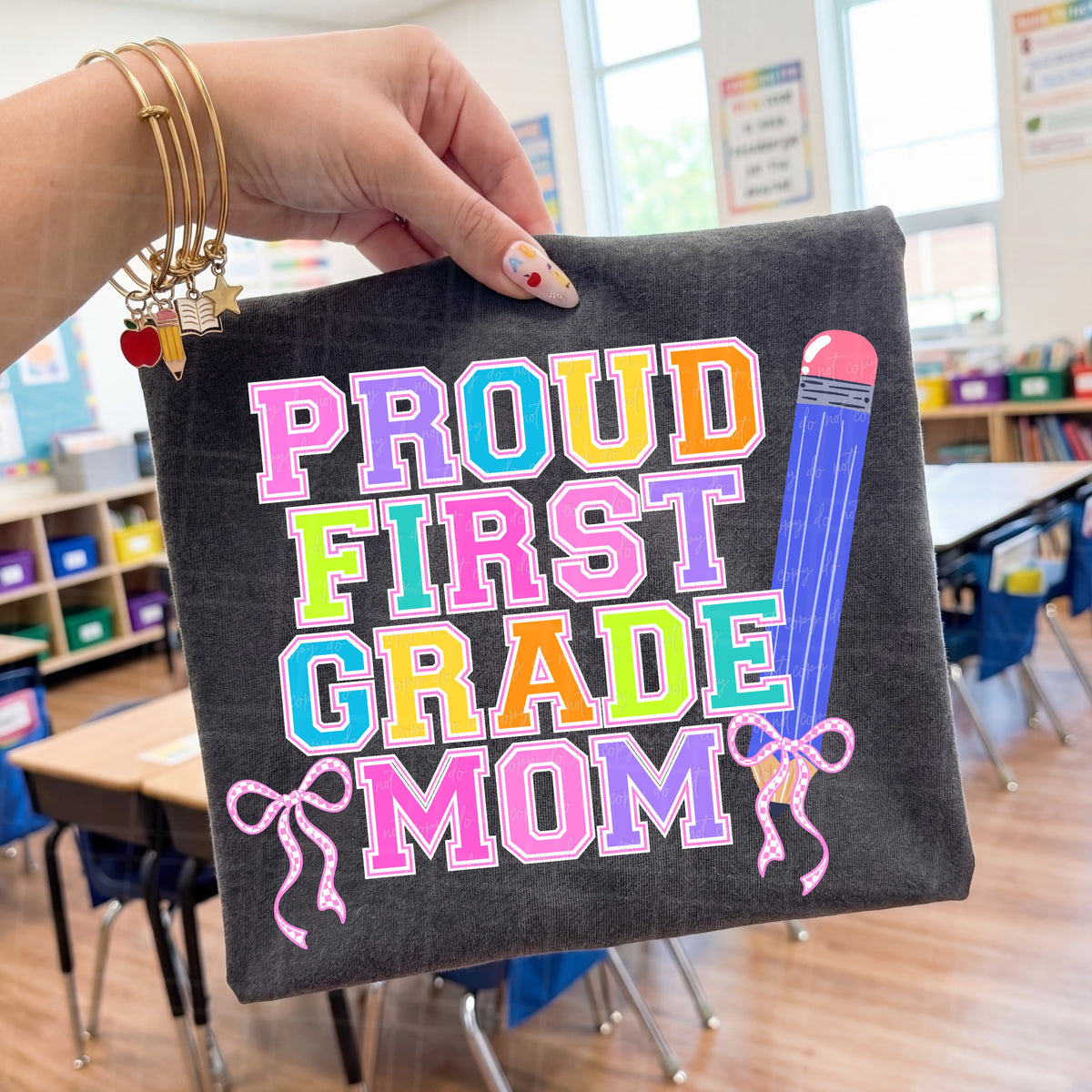 Proud first grade mom pencil and bows (Virgo) DTF Transfer
