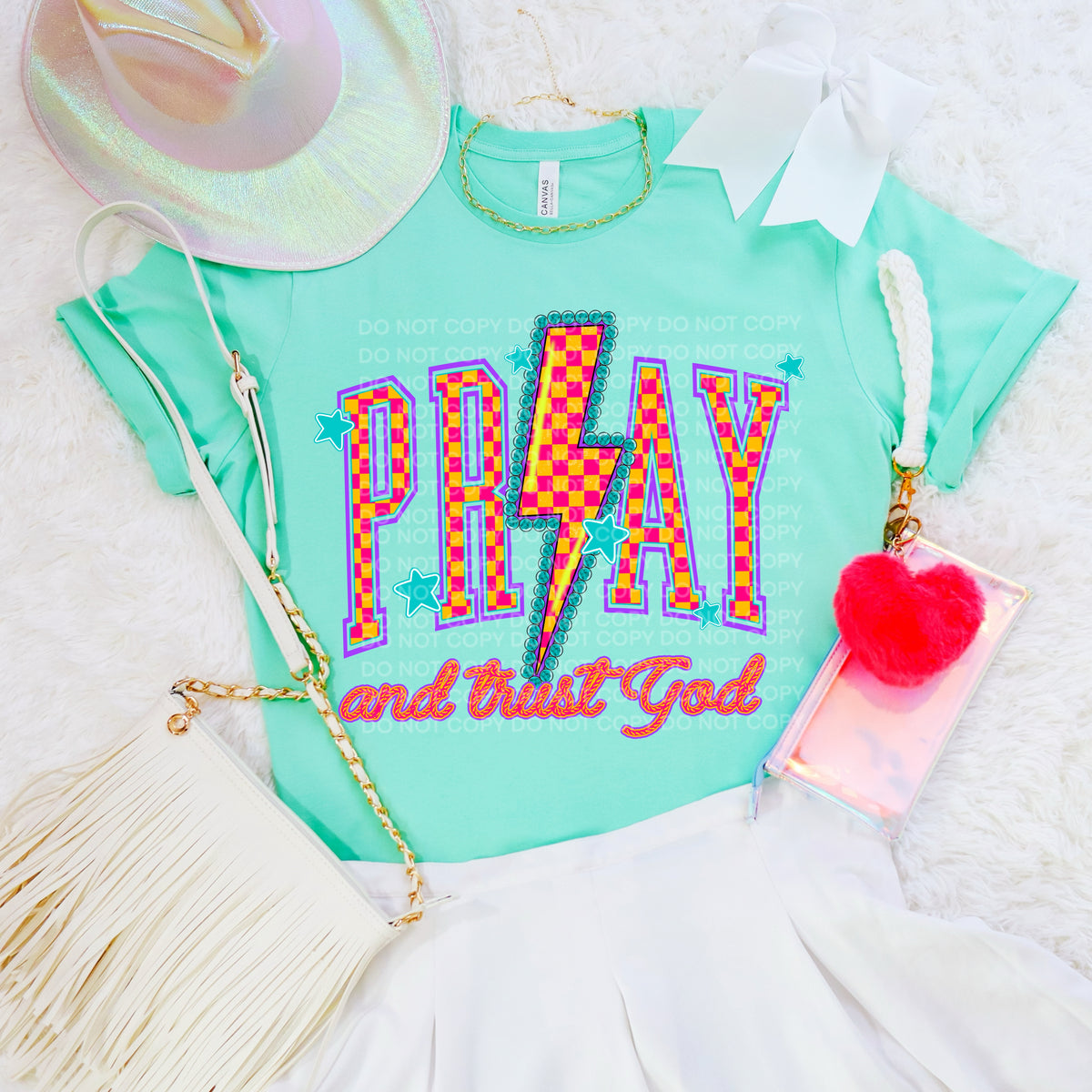 Pray and trust God orange checkered bolt (SCG) DTF transfer