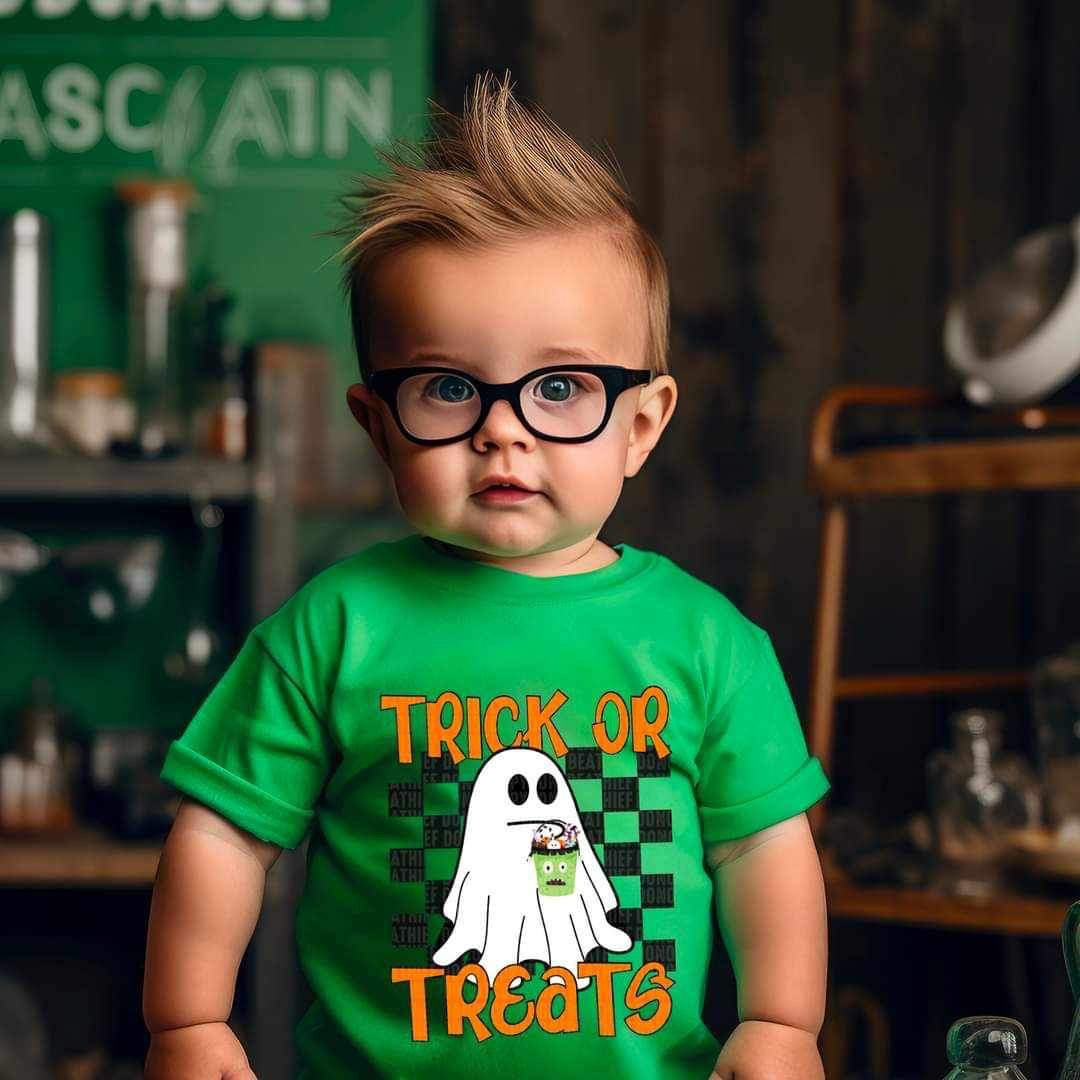 Trick or treats ghost with basket checkered background 10288 DTF TRANSFER