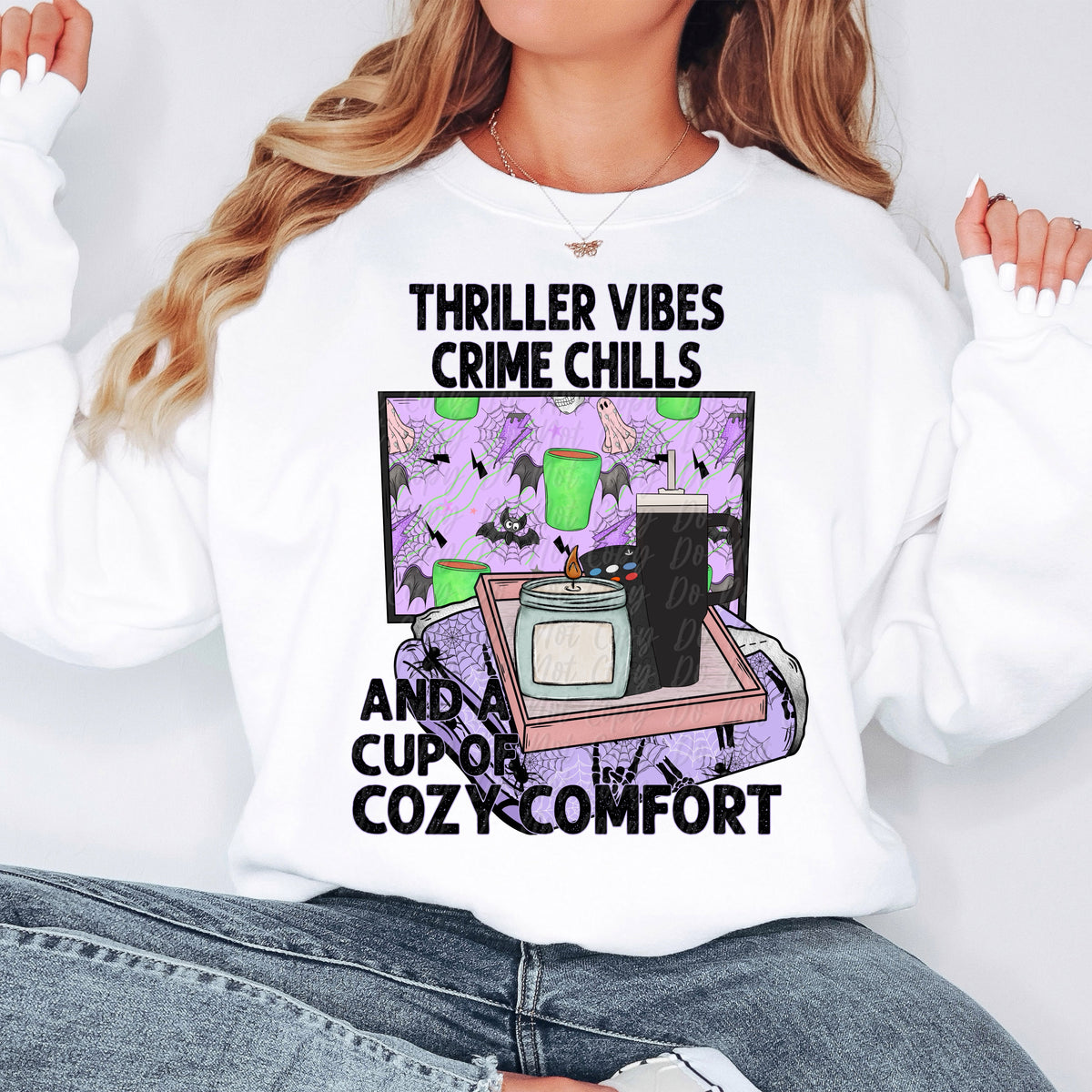 Thruller vibes crime chills and a cup of cozy comfort (VIRGO) 34723 DTF transfer