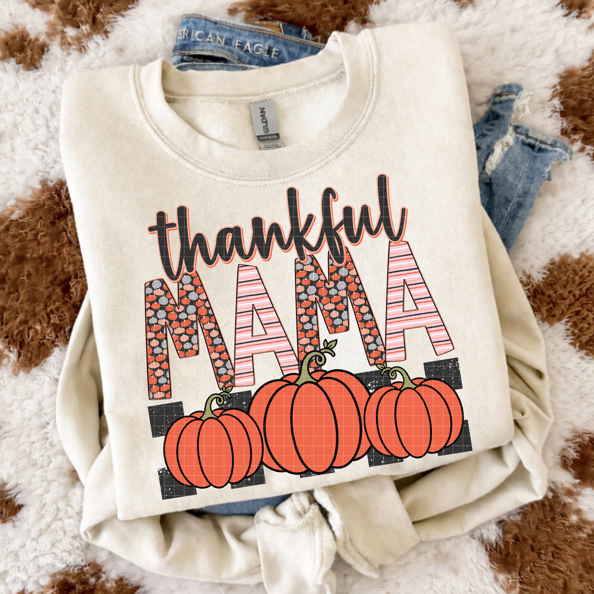 Thankful mama pink stripes and pumpkins (DD) DTF Transfer