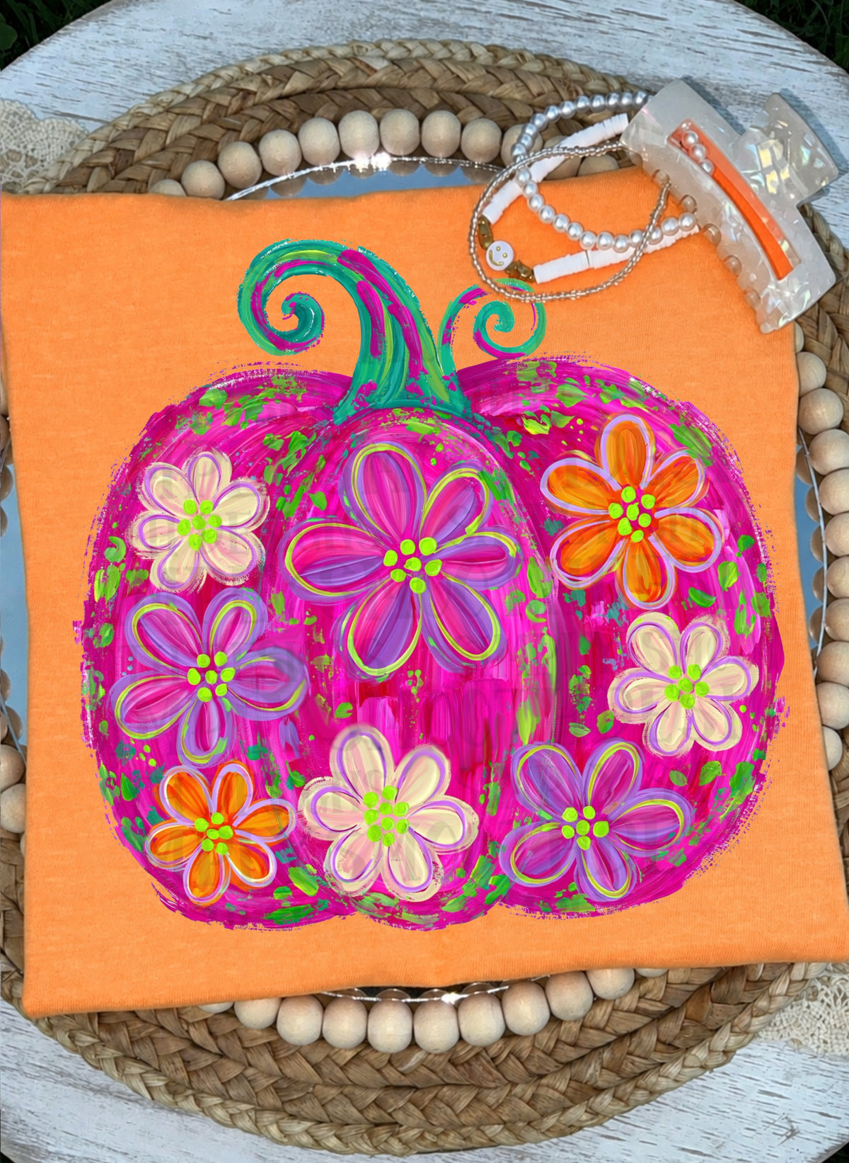 Pink floral pumpkin green/blue steam (SSD) DTF Transfer