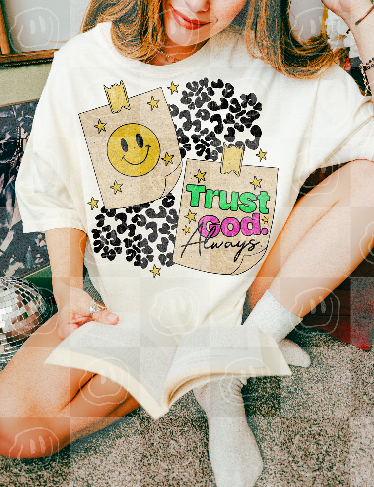 Trust god always with smile face sticky note (unhinged) DTF Transfer