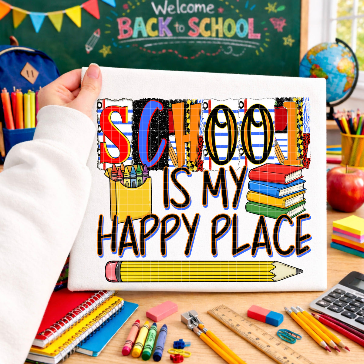 School is my happy place books, crayons, pencil (DD) DTF Transfer