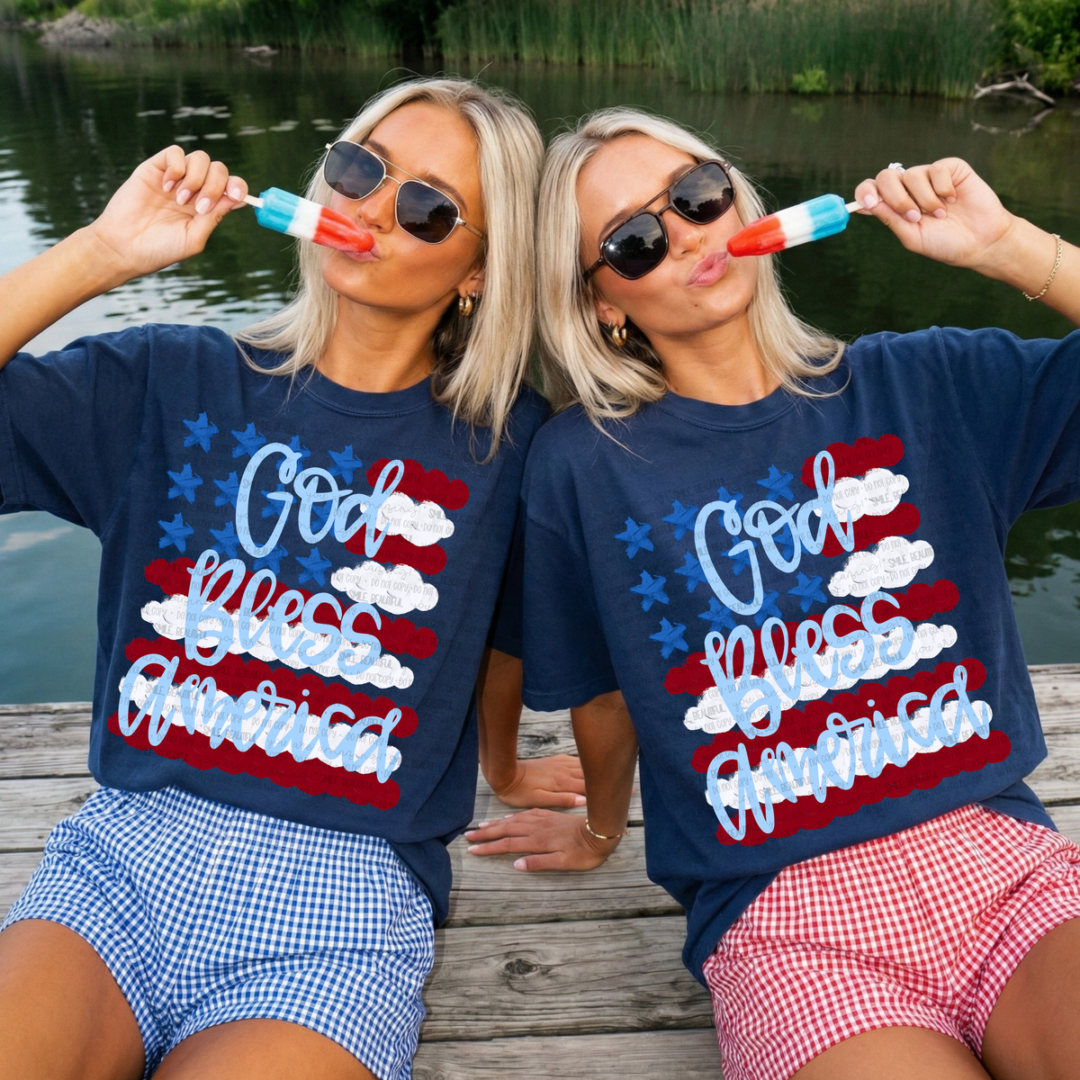 Faux painted flag God bless America LIGHT BLUE words (Carter) DTF Transfer