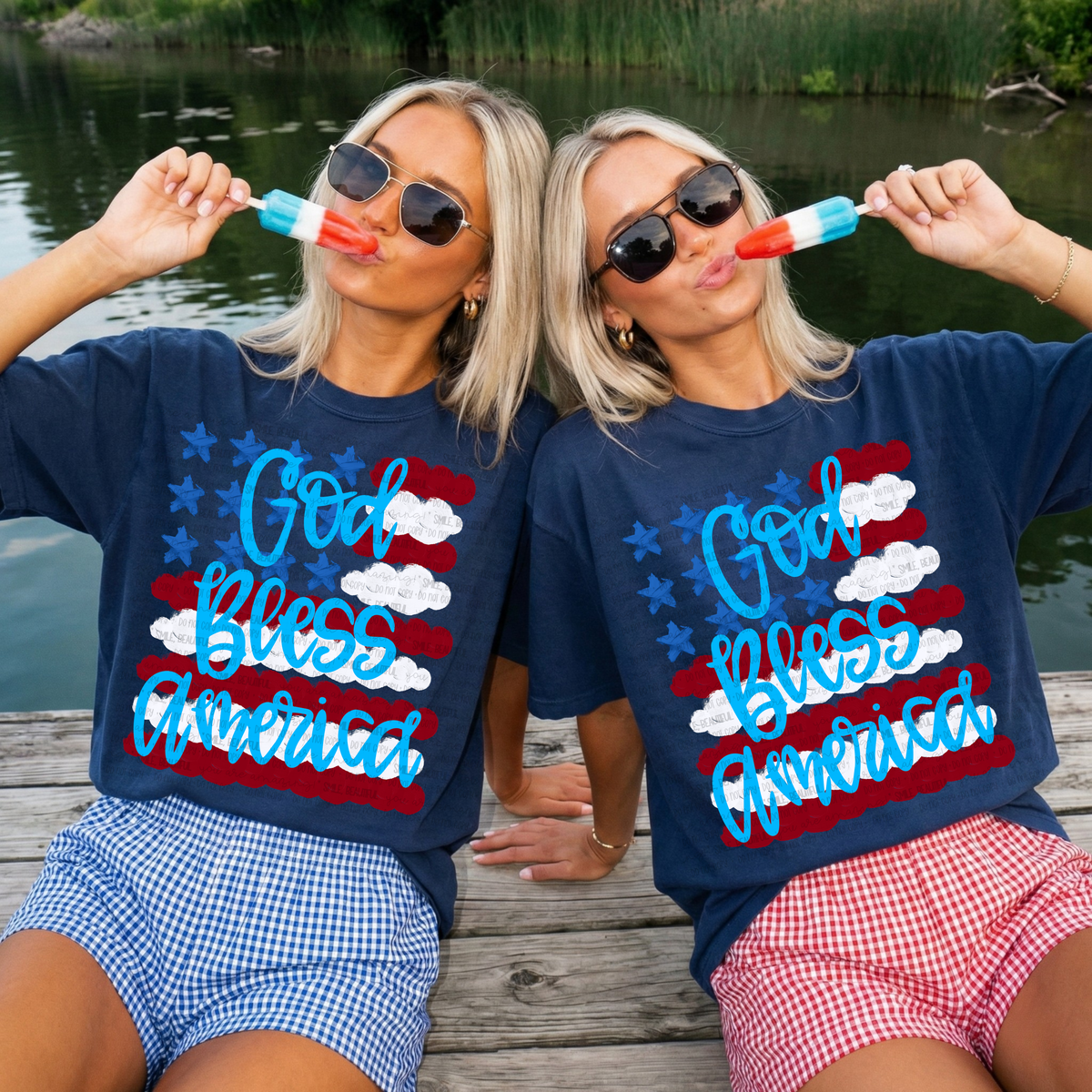 Faux painted flag God bless America BLUE words (Carter) DTF Transfer